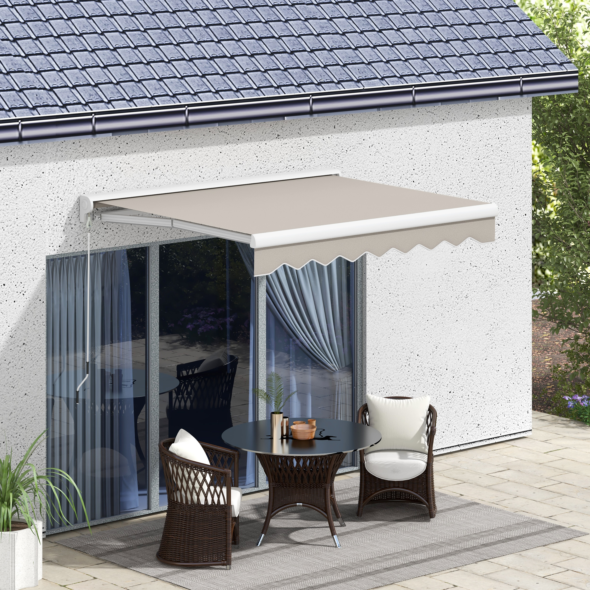 Outsunny Elektrisches manuelles ausfahrbares Rollo 250x200 cm Tragbares Rollo mit Fernbedienung Manuelle Kurbel Aluminiumrahmen Creme