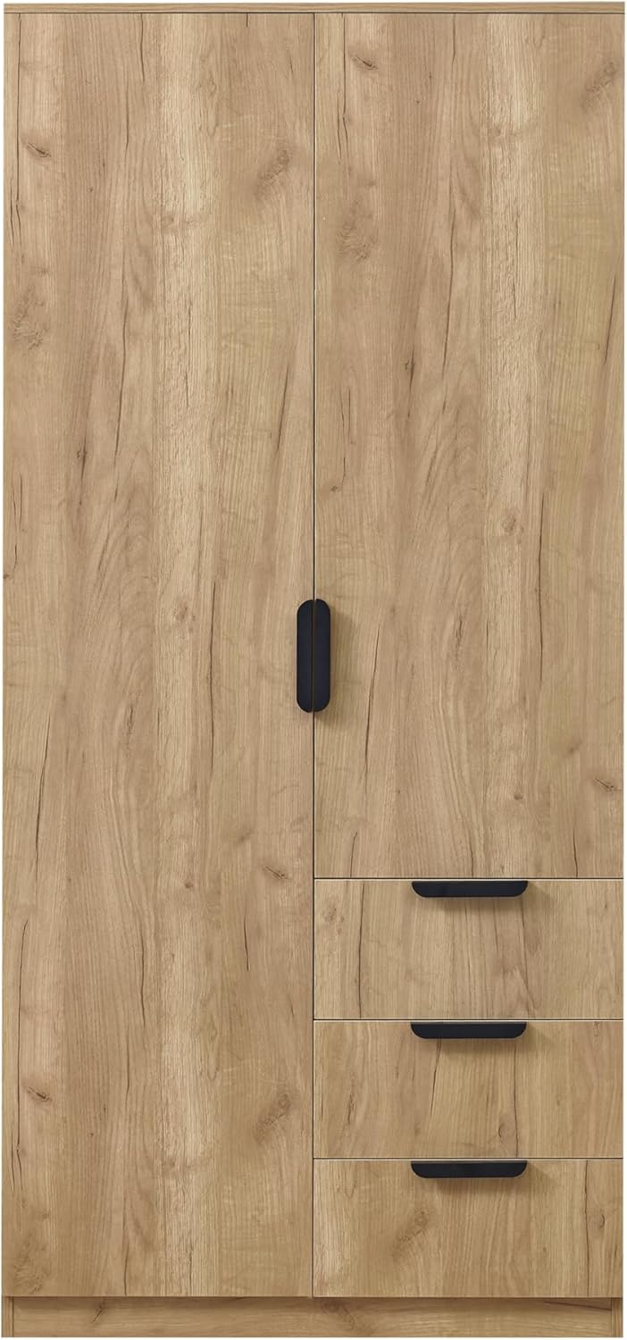 [en.casa] Wardrobe for Bedroom Closet with Doors 4 Compartments Coat Rack 3 Drawers 176 x 80 x 52 cm Oak Effect