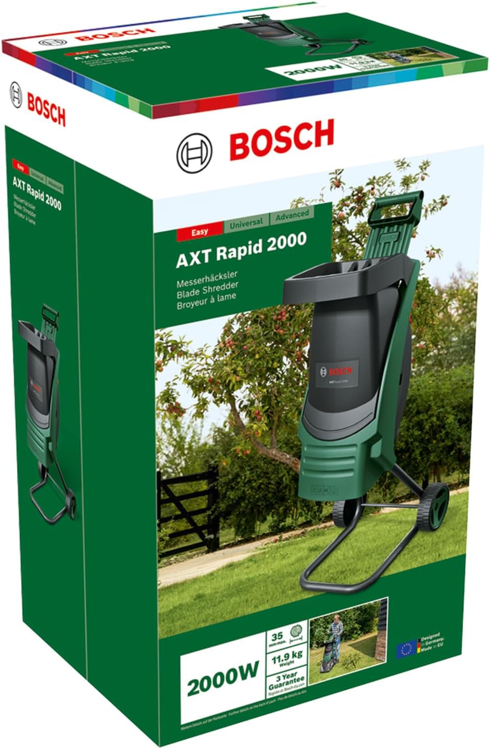 Bosch AXT Rapid 2000 Häcksler (zum leistungsstarken Häckseln von Gartenabfällen; kraftvoller 2000-W-Motor)