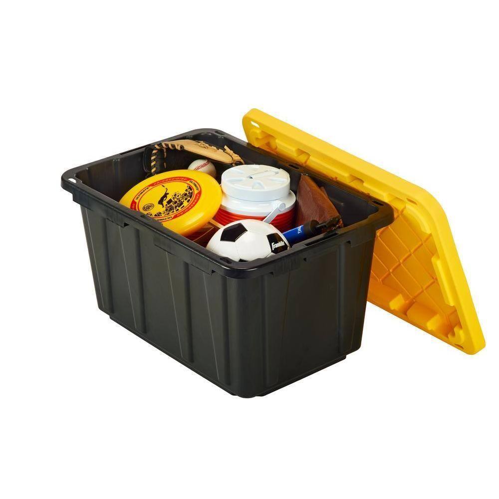 HDX 27 Gallon Black Storage Tote with Yellow Lid, Stackable & Waterproof, 5 Pack