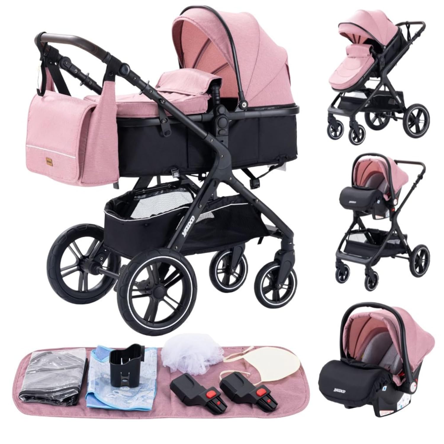 YAZOCO kinderwagen 3 in 1 Buggy Babybett Komplett Set Einem Klick Zusammenklappbarer Kinderwagen, KombiKinderwagen Aluminiumrahmen für Neugeborene Sitzzubehör (1 schwarz)