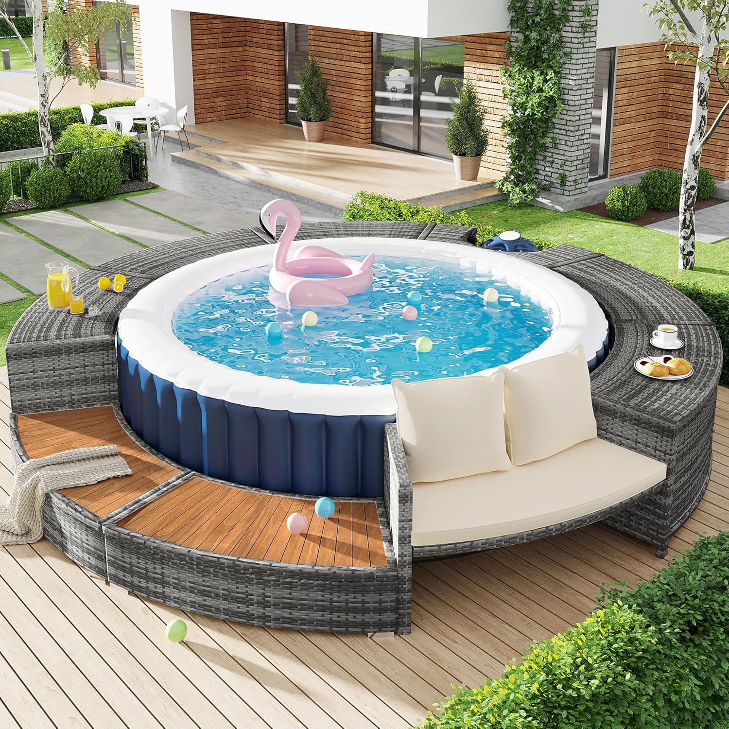 Soweiz Poolumrandung, Spa-Pool, Gartenmöbel-Set, PE-graues Rattan und Akazienholz, mit Stauraum, Lounge-Set, mit verstellbaren Füßen, inklusive Kissen, für Whirlpool und Pool