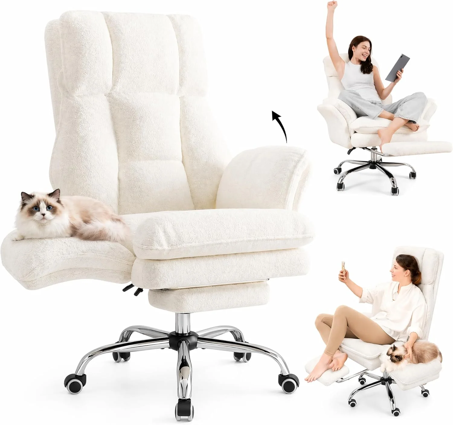 HOMRELEXA Big and Tall Ergonomic Executive Office Chair with Footrest, Flip Up Armrests and High Back, Plush Curly Hair - White