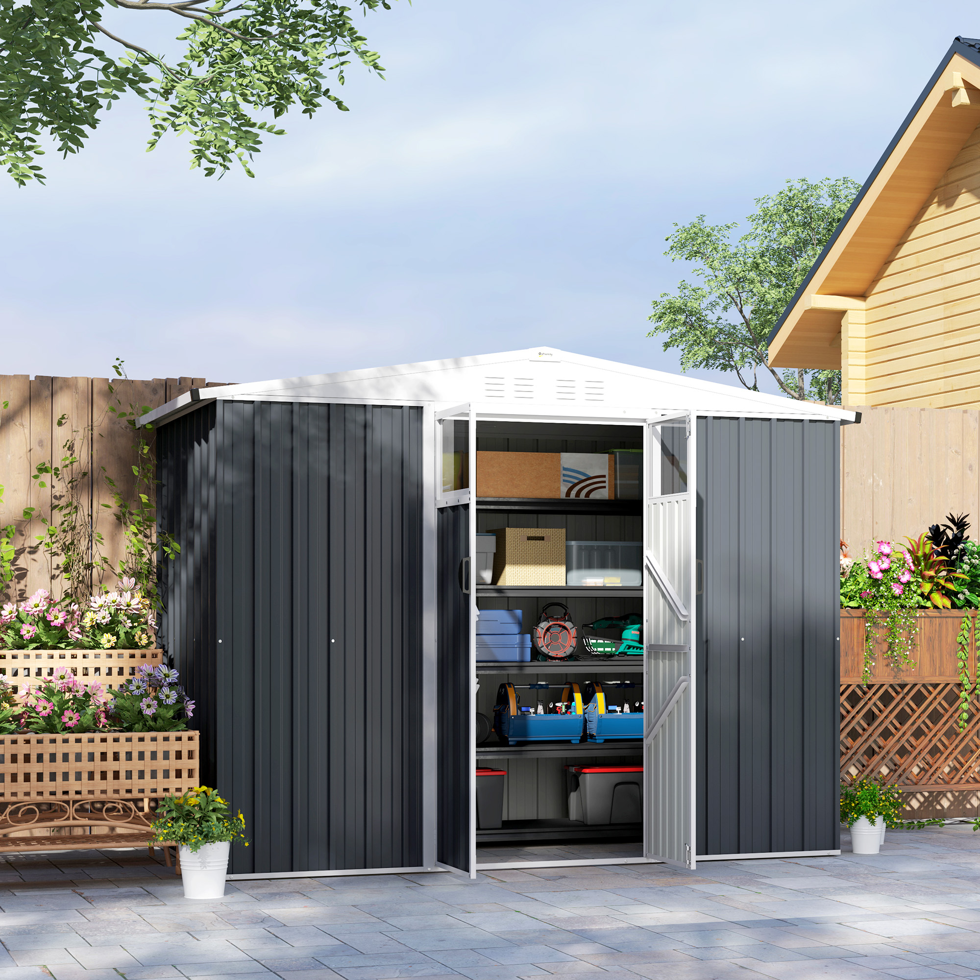 Outsunny Metall-Gartenpavillon 2,7 m² mit Fenster, 4 Belüftungsöffnungen und verriegelbarer Tür, 246 x 117 x 180 cm, Dunkelgrau