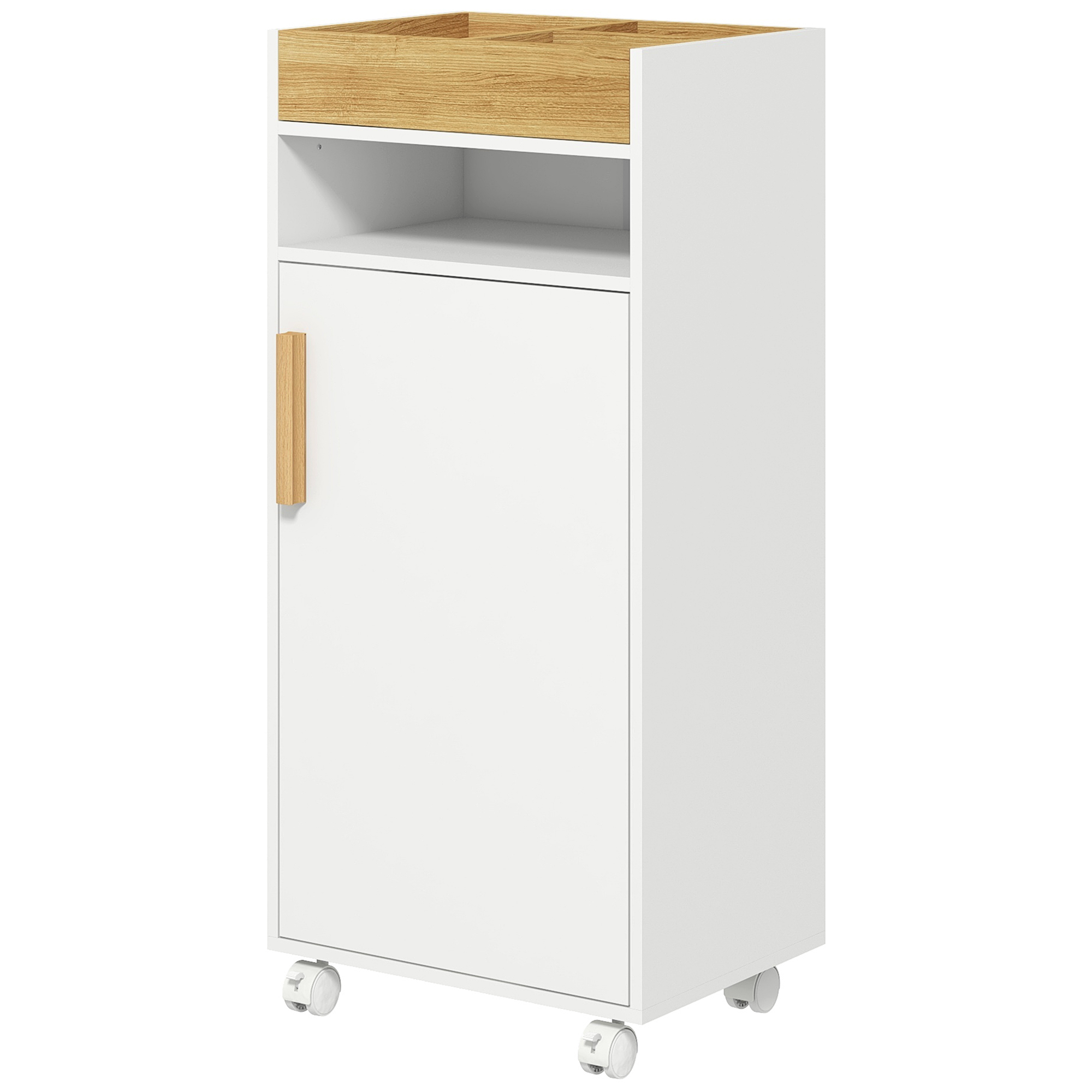 kleankin Badezimmerschrank auf Rollen mit 2 verstellbaren Regalen, abnehmbarer Platte 40 x 30 x 88 cm weiß natur