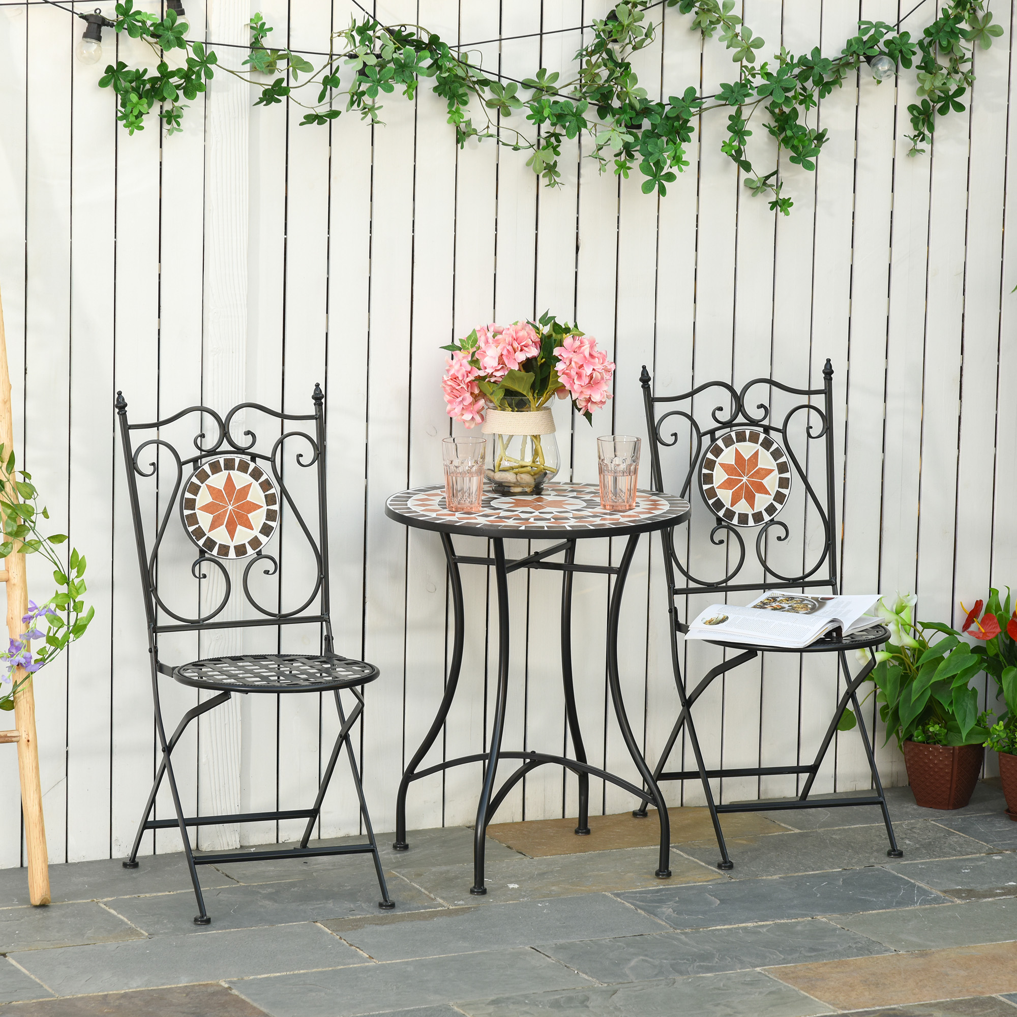Outsunny Gartenset Balkonmöbel Set für 2 Personen Mosaiktisch 2 faltbare Stühle Metall Mehrfarbig
