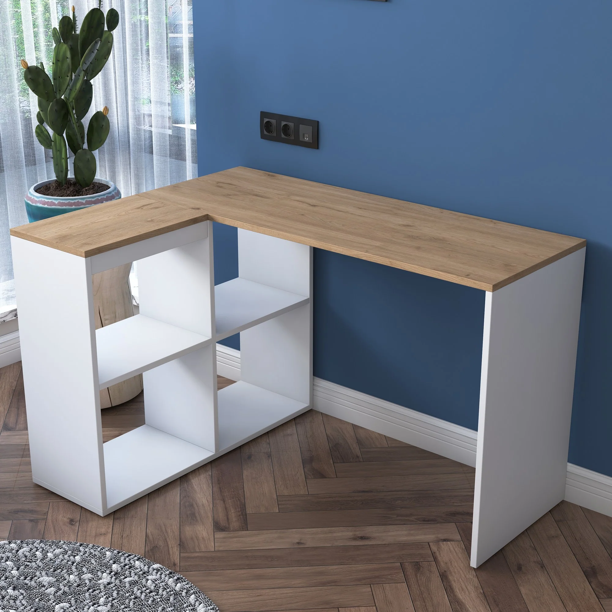Scrivania angolare moderna con libreria bianco e rovere cm 120x96x74h