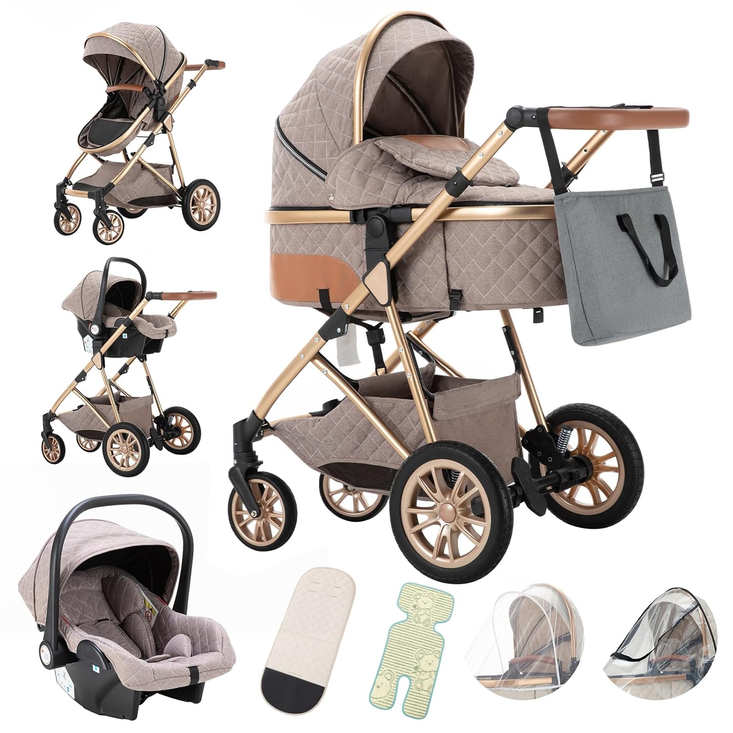 Gcarebb 3 in 1 Kinderwagen, Buggy Mit Auto Babyschale, Mit Höhenverstellbarer Kinderwagen Komplettset, KombiKinderwagen Mit Aluminiumrahmen für Neugeborene 0-4 Jahre