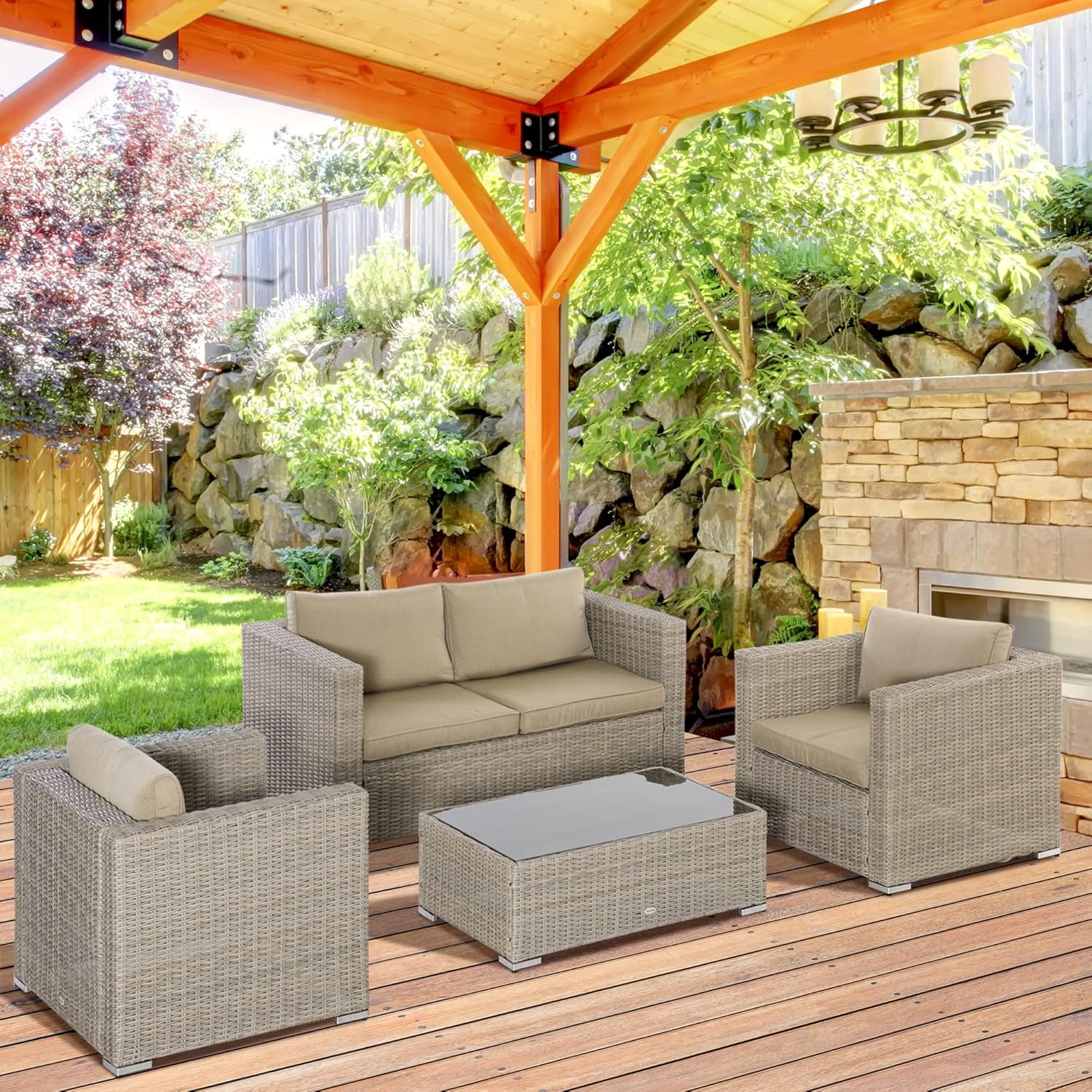 Outsunny 4-Piece PE Rattan Garden Furniture Set, Outdoor Living Room with 1 Sofa, 2 Armchairs, 1 Table and Removable and Washable Cushions, Khaki and Beige
