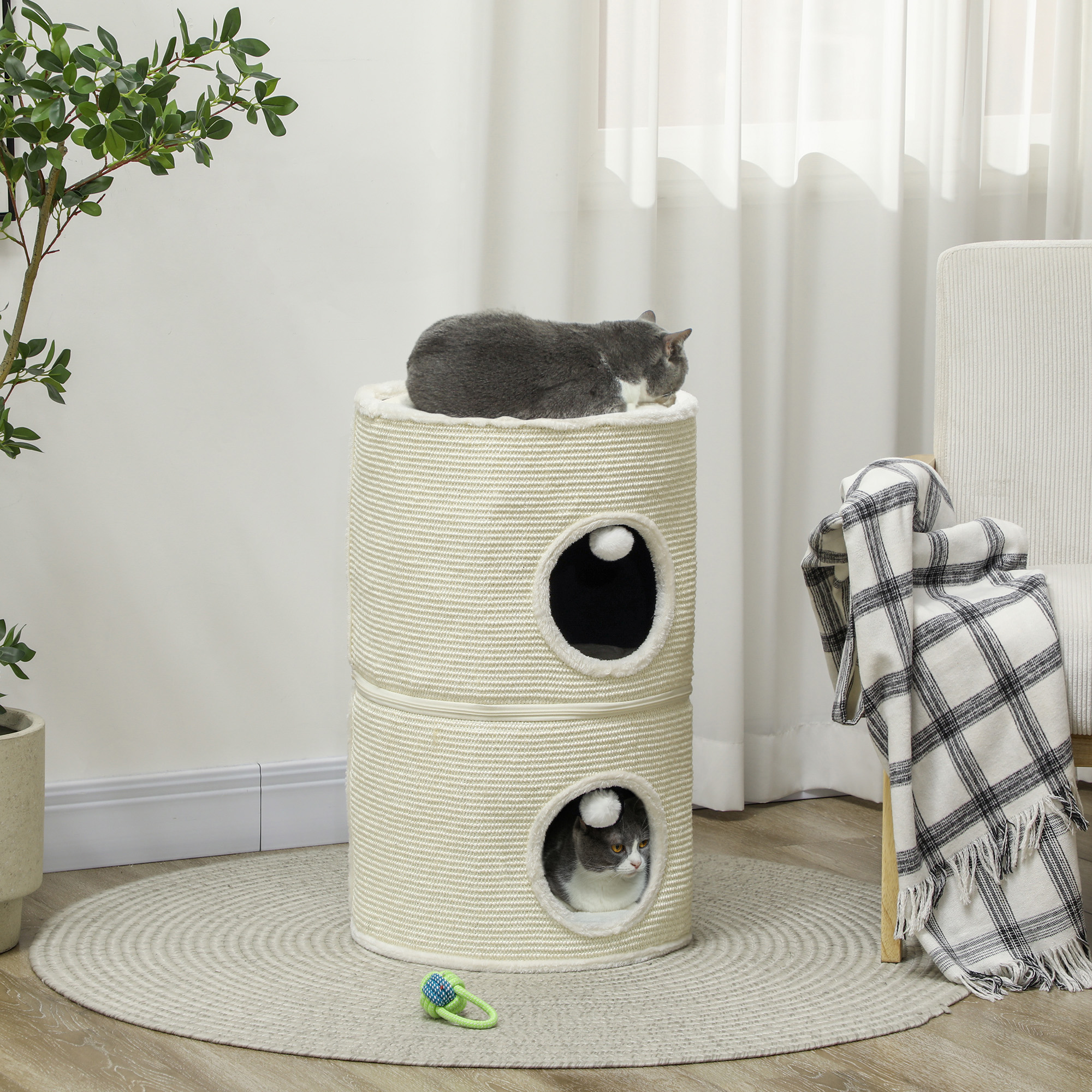 PawHut Kratztonne, 3 Ebenen, mit Kissen, Kratzmatte, Spielbällen, Katzenhaus für Innenbereich, Cremeweiß
