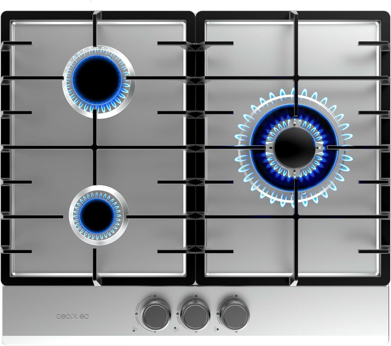 Cecotec Piano cottura a gas Bolero Squad G 3200S Inox. 6250W, 3 fuochi, acciaio inox, griglie individuali in ghisa, bruciatore WOK tripla corona, accensione elettrica, sistema sicurezza valvole.