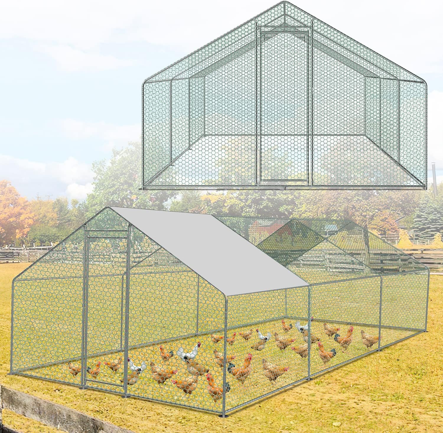 Sonnewelt Freilaufgehege 3x6x2m Hühnerstall Verzinkter Stahl Kleintierstall Hühnerhaus Dach Geflügelstall mit Sonnenschutzdach und Tür für Haustierkäfig Hühnerkäfig Vogelkäfig Kleintiere Pflanzen