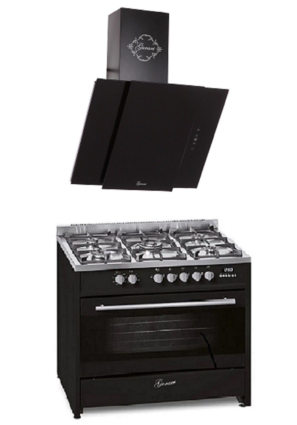Gas-Standherd Gas Elektro Standherd 90 cm 121 L Erdgas Fl.Gas 4 Kw WOK mit Dunstabzugshaube 90 cm, Schwarz Glas, 1000m³/h GCH E 911 BL+GCH 171 90 BL PRIME N