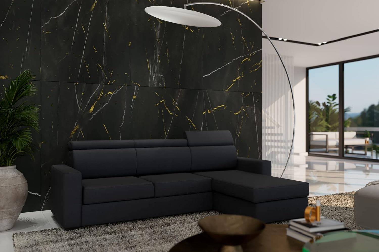 Divano mod. Tirana con Chaise Longue Penisola Contenitore, letto estraibile, poggiatesta reclinabili. 235X159 cm (LxP),Penisola posizionabile (Destra o Sinistra) di 154cm. Colore 15/23 cenere