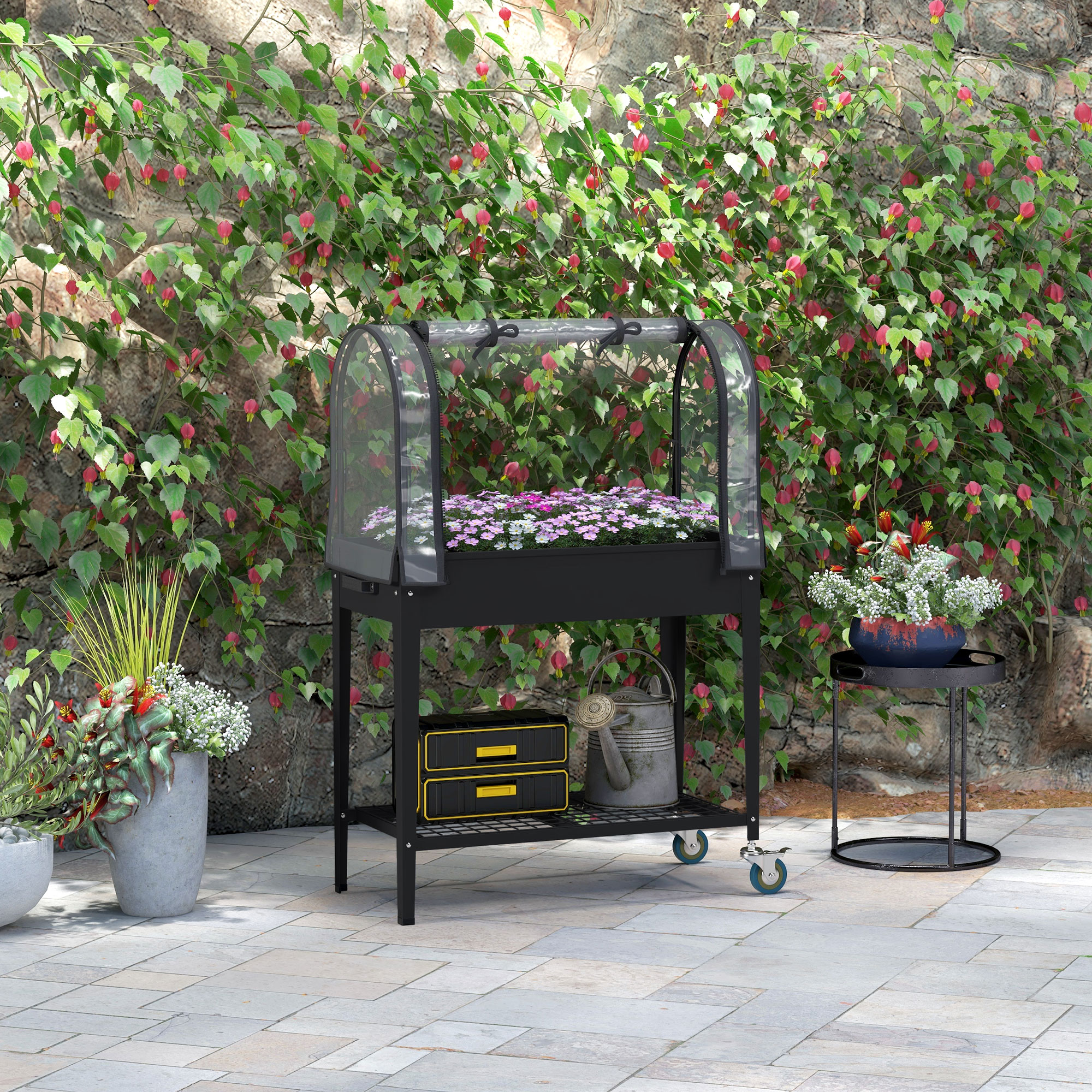 Outsunny Erhöhte Pflanzschale mit transparenter Abdeckung, 2 Rädern und 1 unterer Ablage, Maße 80L x 40B x 120H cm