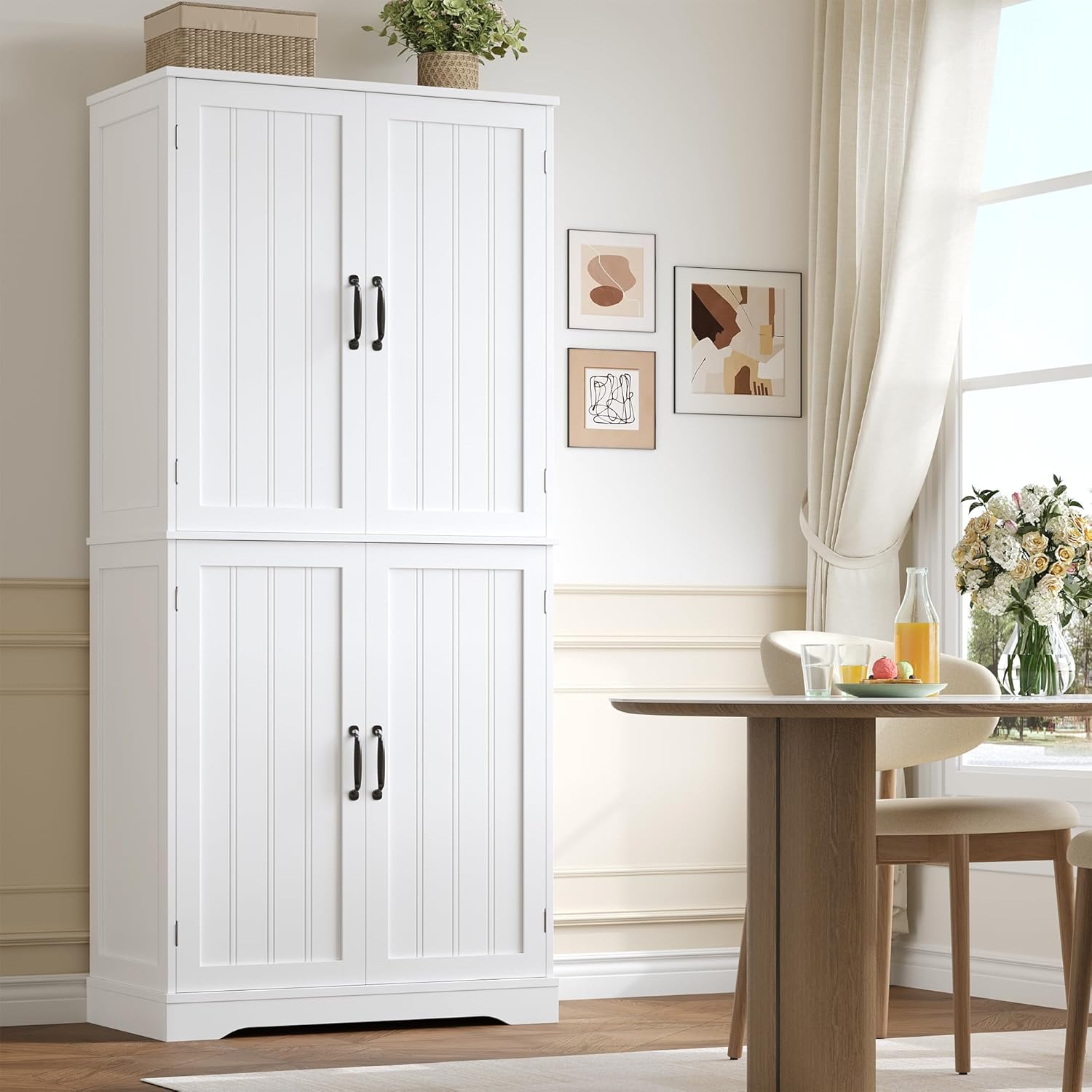 HOCSOK Credenza Cucina Alta, Mobile Dispensa Cucina con 4 Ante, 180x80x40 cm, Mobile Armadio Per Soggiorno, Sala da Pranzo, Camera da Letto, Bianco