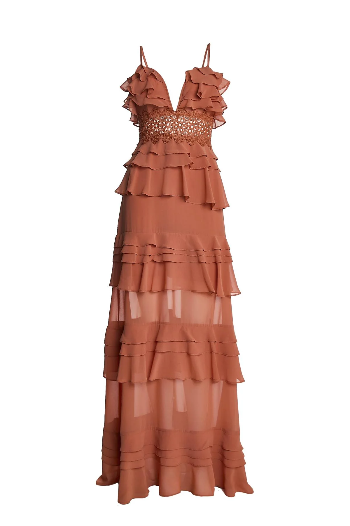 Soft Rust Sophia Plunge Front Tiered Ruffle Maxi-Dress