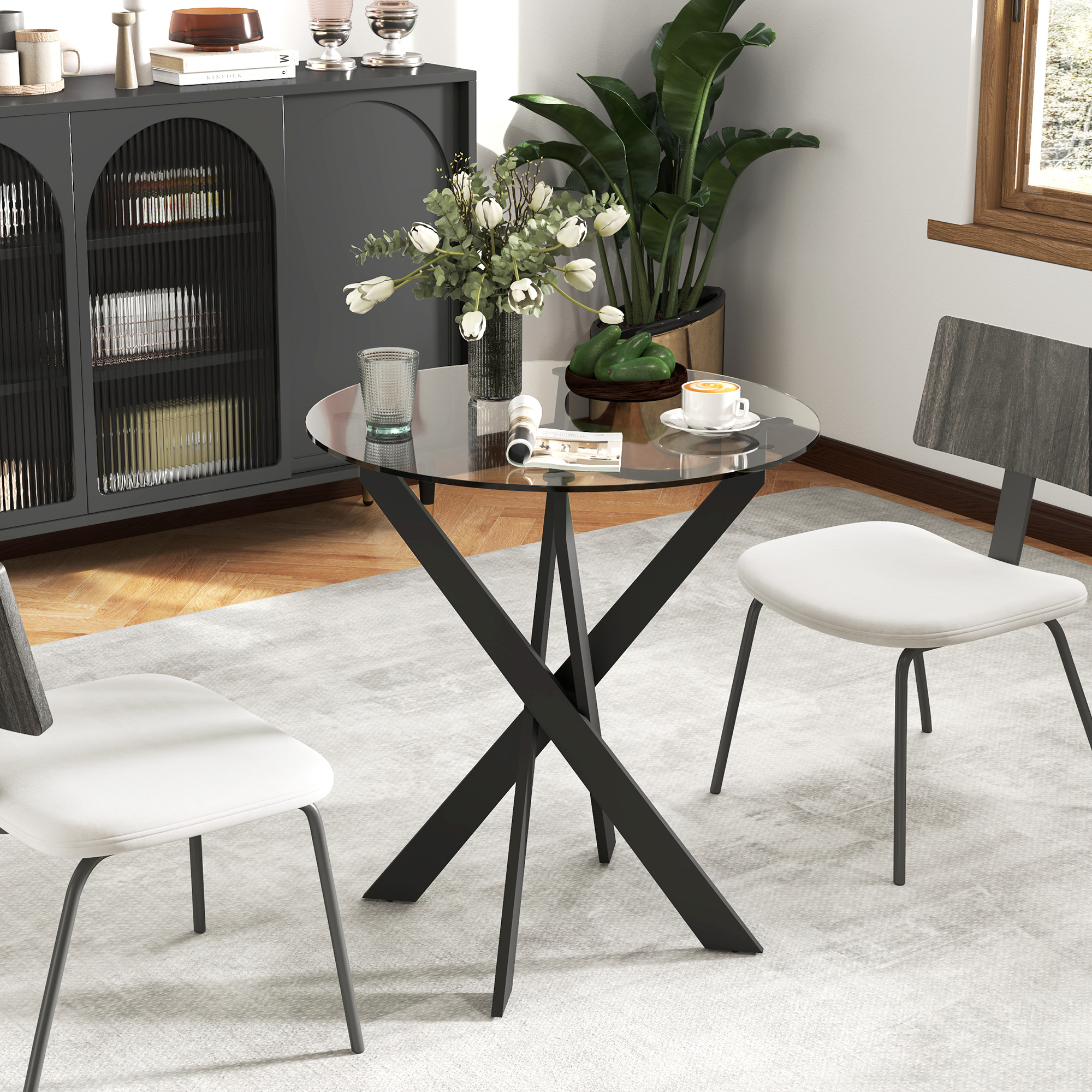HOMCOM Moderner Glas-Esstisch, 70 cm Durchmesser, Küchentisch mit gehärteter Glasplatte und Metallbeinen, für 4 Personen