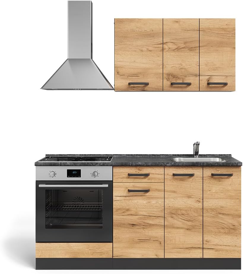 Vicco Cucina completa R-Line, Quercia dorata/antracite, 160 cm con base forno e lavello con PT
