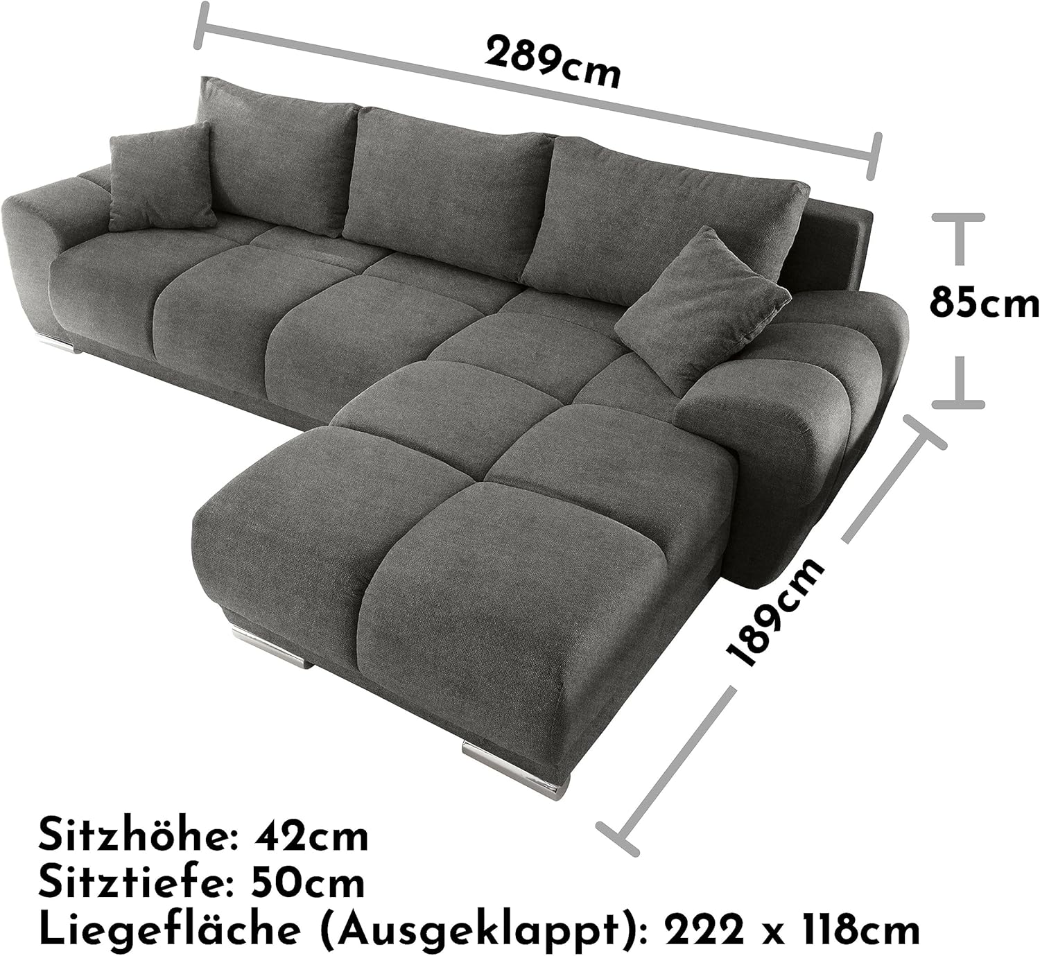Stella Trading ANTON Ecksofa mit Schlaffunktion, Stoffbezug Uran Stone - Moderne Eckcouch in L-Form mit Bettkasten & dekorativer Steppung - 289 x 85 x 189 cm (B/H/T)