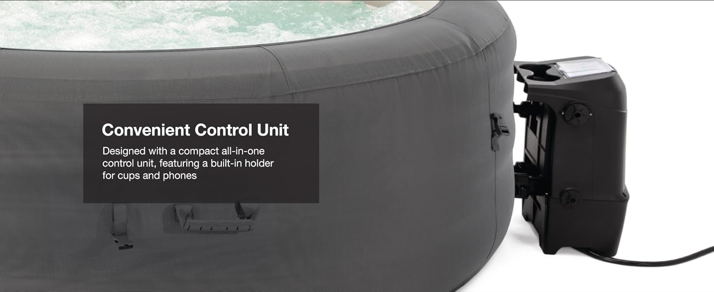 Close-up of spa’s control unit with cup holders, attached to the outer wall of the tub.