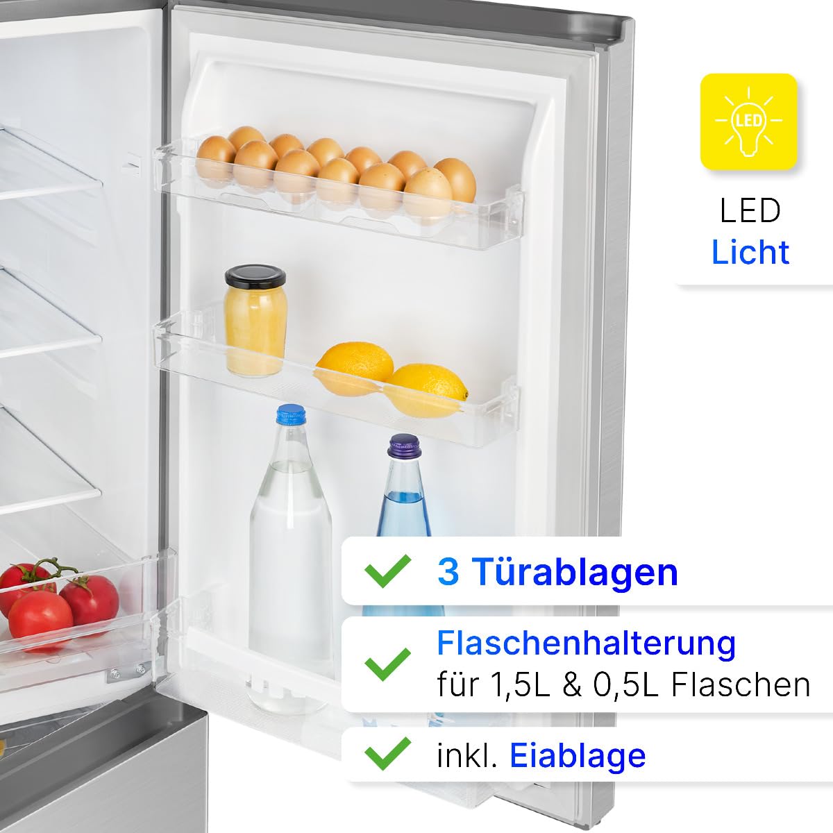 Kühlgefrierkombination KG 322.1 175 Liter Energieeffizienzklasse D 143 cm Inox 3 Glasablagen 3 Gefrierschubladen 39 dB wechselbarer Türanschlag