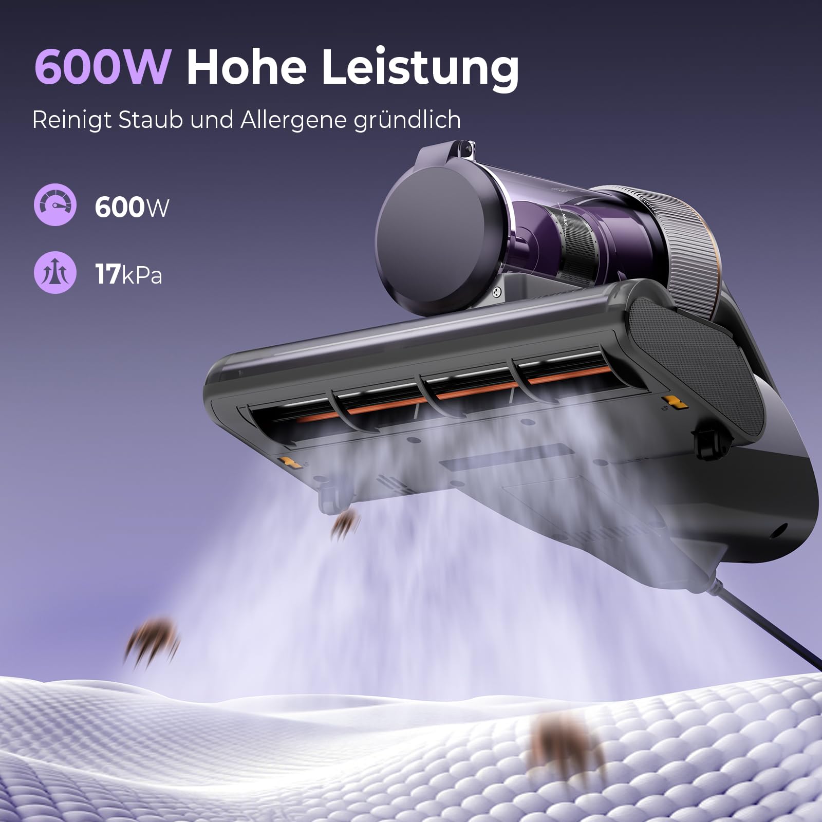 Milbensauger BX8 Pro 600 W 17 kPa Saugkraft UV-C-Desinfektion 65 °C Graphen-Heiztechnologie für Matratzen und Sofa