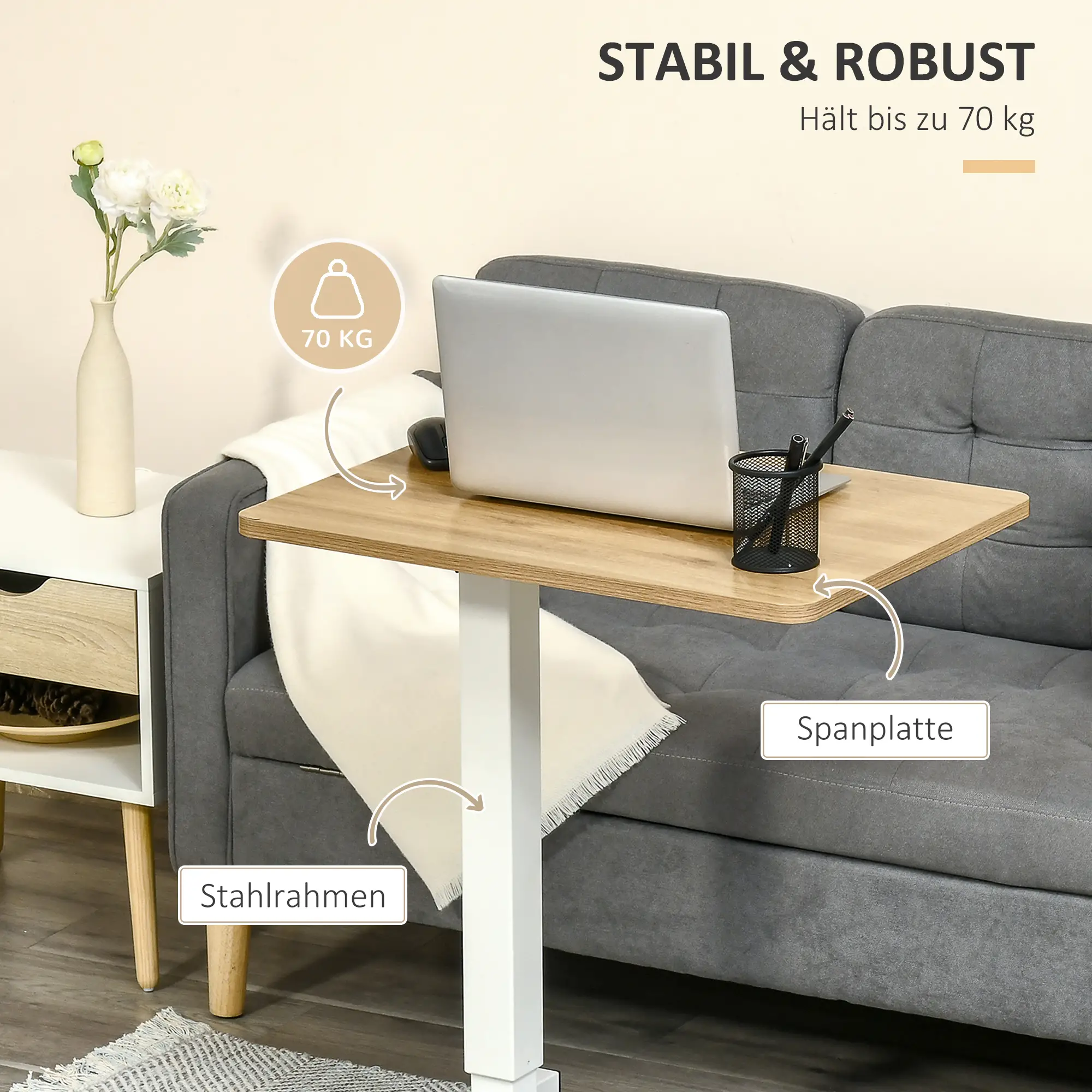 HOMCOM Steh-Sitz-Schreibtisch höhenverstellbar mit Rollen Weiß