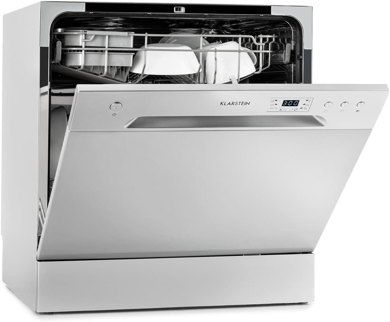 Klarstein Amazonia 8 - Mini Lavastoviglie, Classe A+, 1620 Watt, Posizionamento Libero, 6 Programmi, 2 Ripiani per Posate Estraibili, Aquastop, Tubo di Scarico Preinstallato, Argento