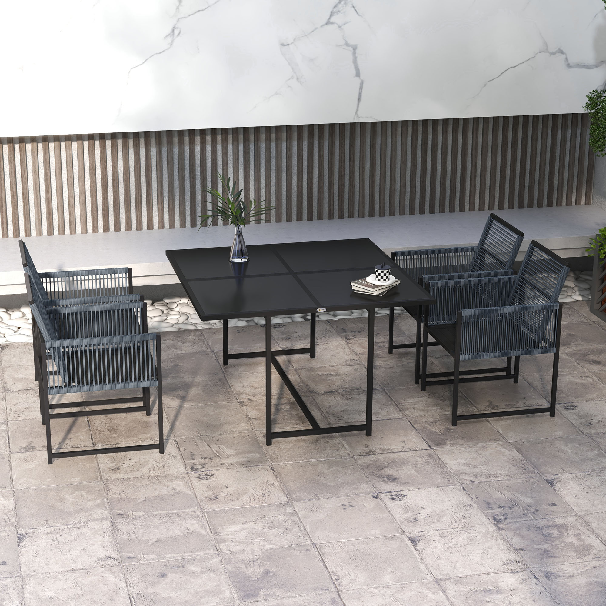 Outsunny 5-teiliges Gartenmöbel-Set, Gartensitzgruppe, Outdoor-Essgruppe, wetterbeständig, 1 Tisch, 4 Stühle, Grau
