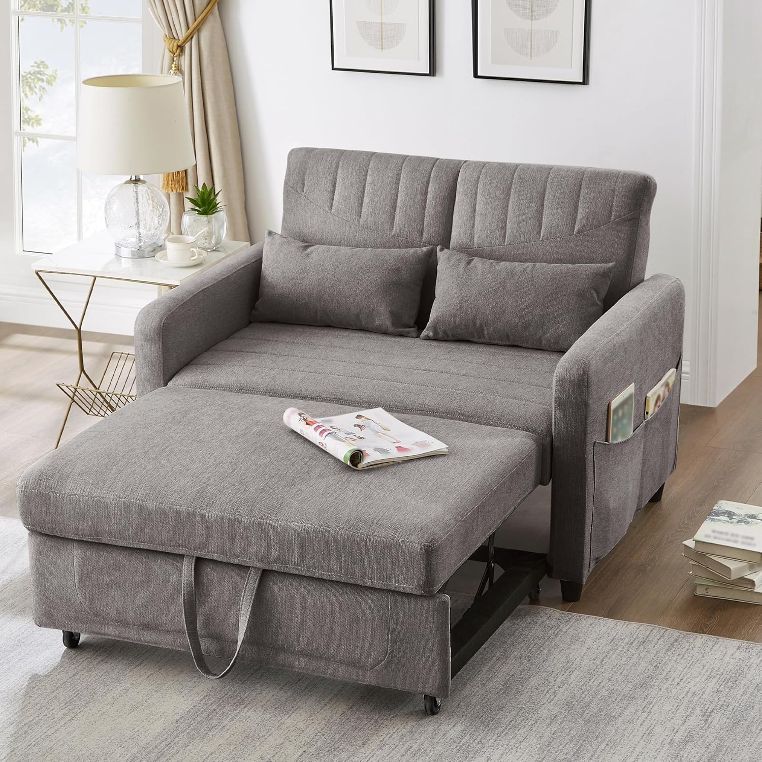 Divano letto con funzione letto Divano pieghevole a due posti, design estensibile, elegante e moderno, schienale regolabile a tre livelli, tessuto traspirante in cotone e lino (Grigio)