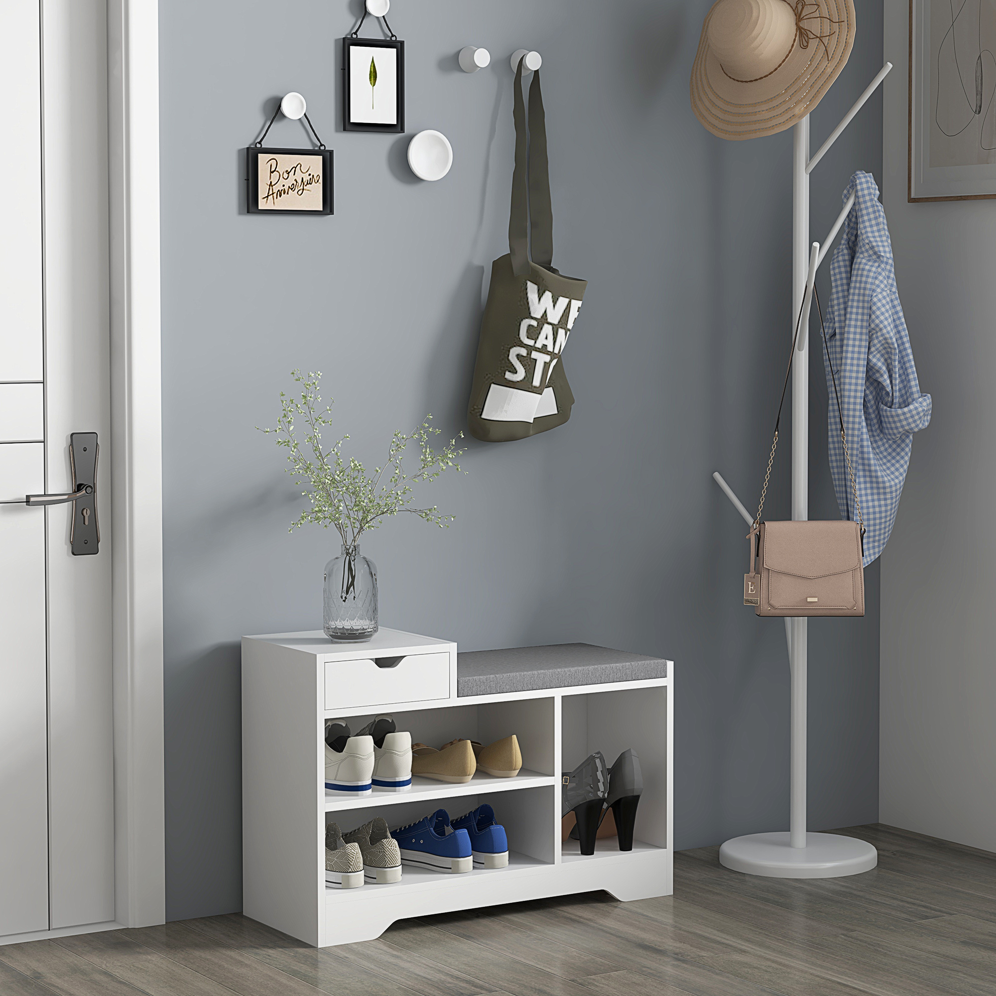HOMCOM Möbel und Schuhbank 1 Schublade und 3 Fächer, Kapazität 5 Paar MDF, 76,5L x 30T x 52H cm