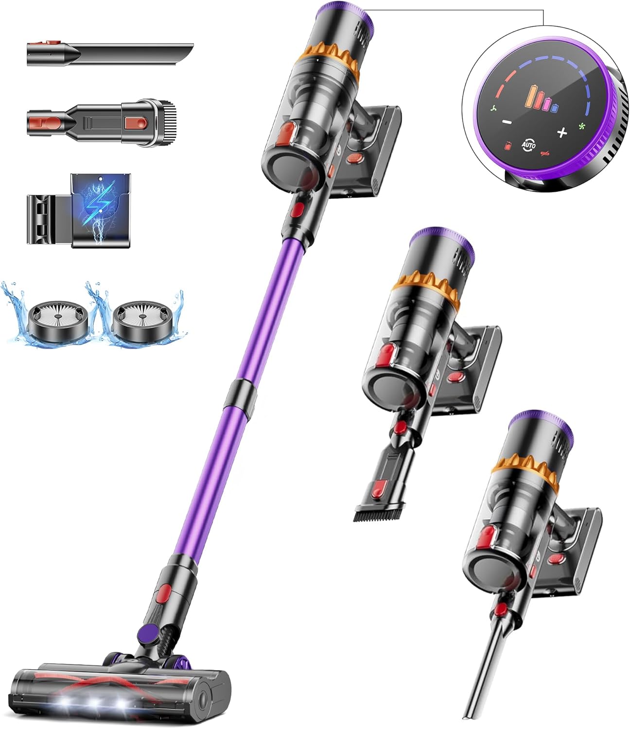 CHEBIO Aspirapolvere Senza Fili, 45Kpa/550W/70 Mins Scopa Elettrica Senza Fili con Automatische Saugeinstellung e Display LED, Aspirapolvere con Anti-Avvolgimento per Pavimenti/Tappeti/Peli