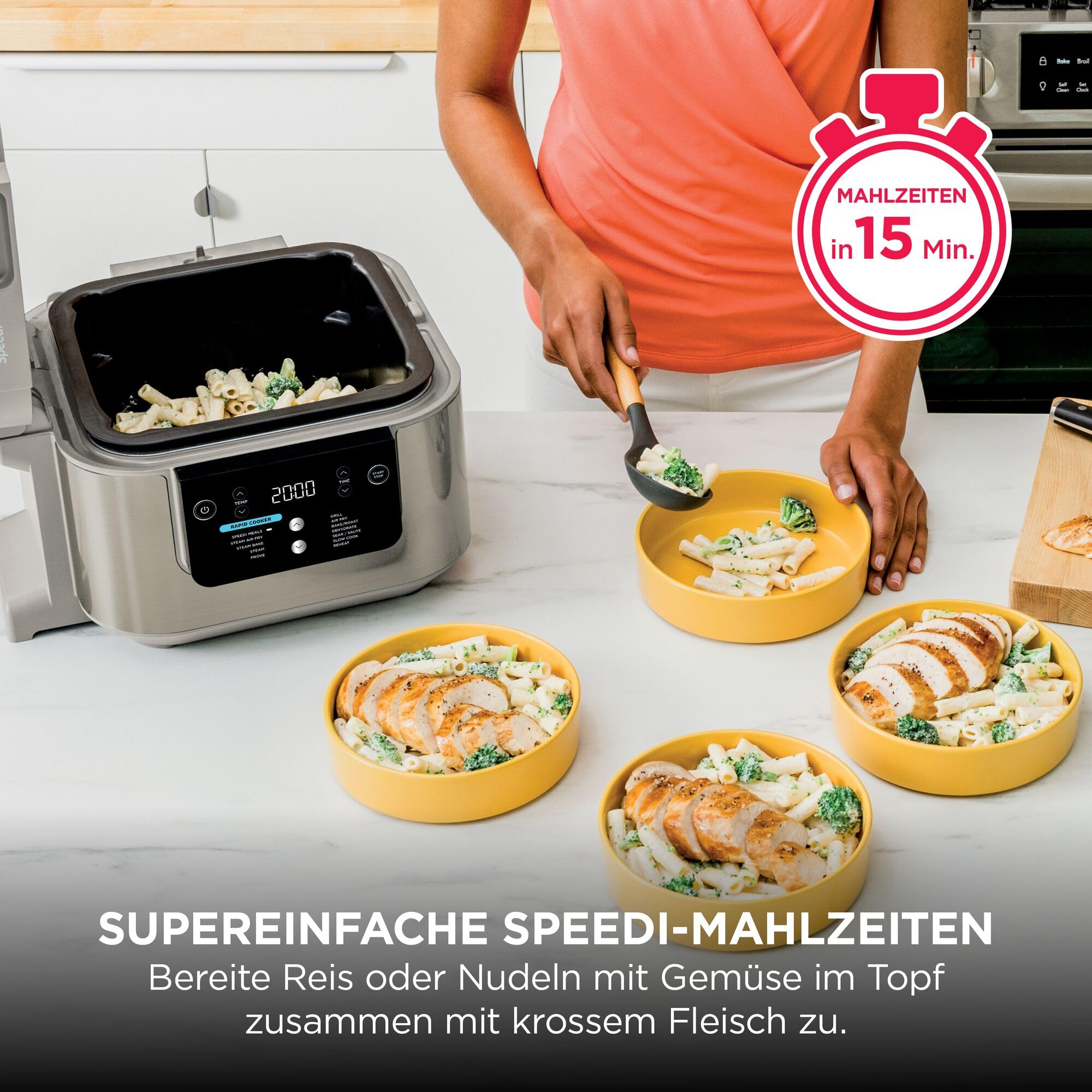 Multikocher und Heißluftfritteuse 5,7 l 12-in-1 mit Dampfgarfunktion Heißluft-Frittieren Backen Grillen Stone Gold