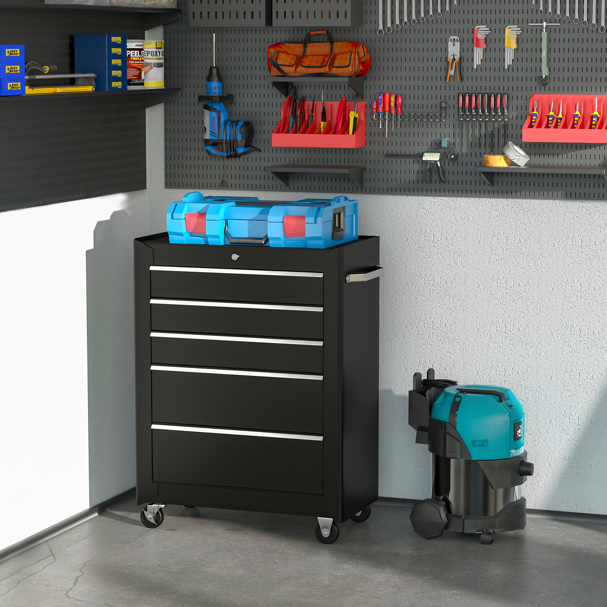 Gereedschapskast, Gereedschapskist, 5 Laden, Rolbaar, Staal, Zwart