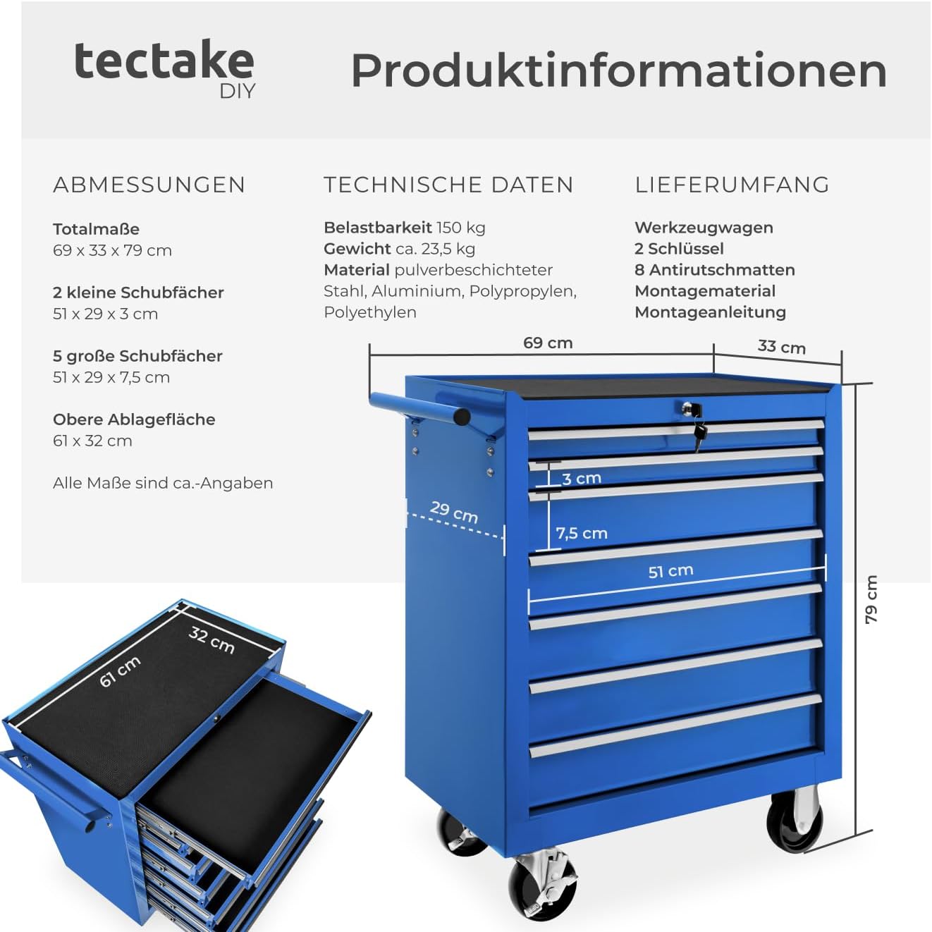 tectake Werkzeugwagen, Werkstattwagen, rollende Werkstatt, Werkzeugwagen leer, Werkzeugbox, 7 Schubfächer, 69 x 33 x 79 cm, Rollen mit Bremsen, inkl. 2 Schlüssel - blau