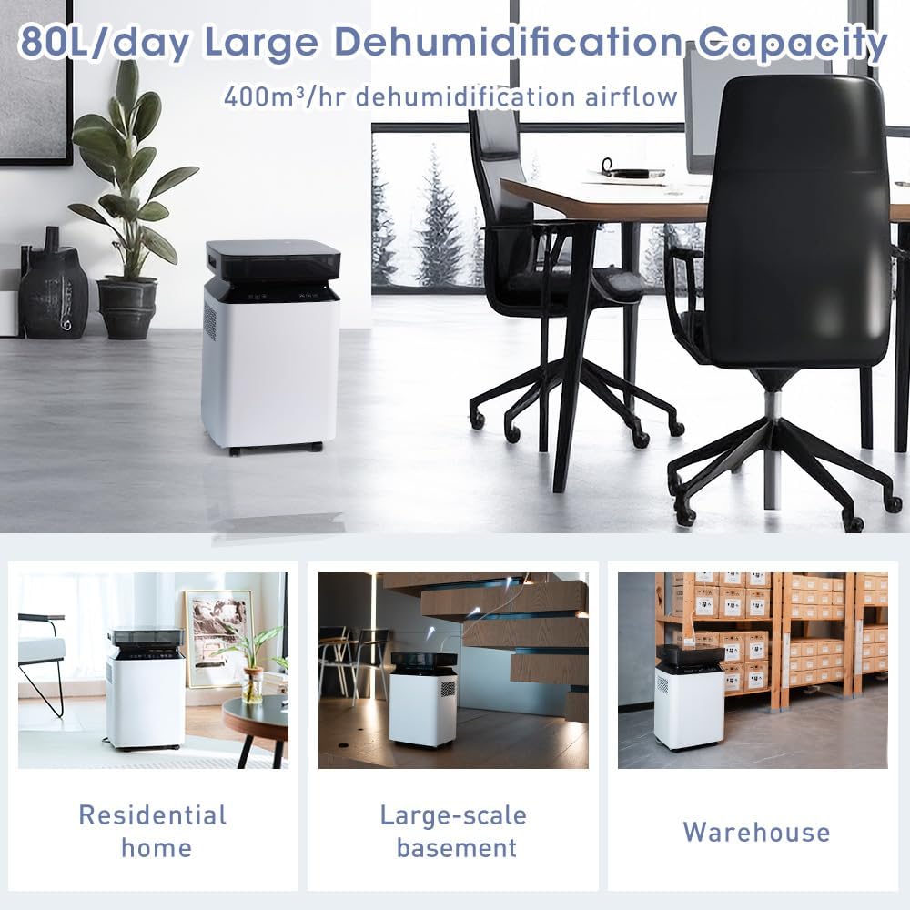 Deumidificatore Industriale Professionale Elettrico: 80L/24h per Grandi Ambienti 170㎡Pompa Scarico Continuo Antimuffa Portatile con Ruote per Casa/Bagno/Ufficio/Garage/Cantina/Stanza/Armadio