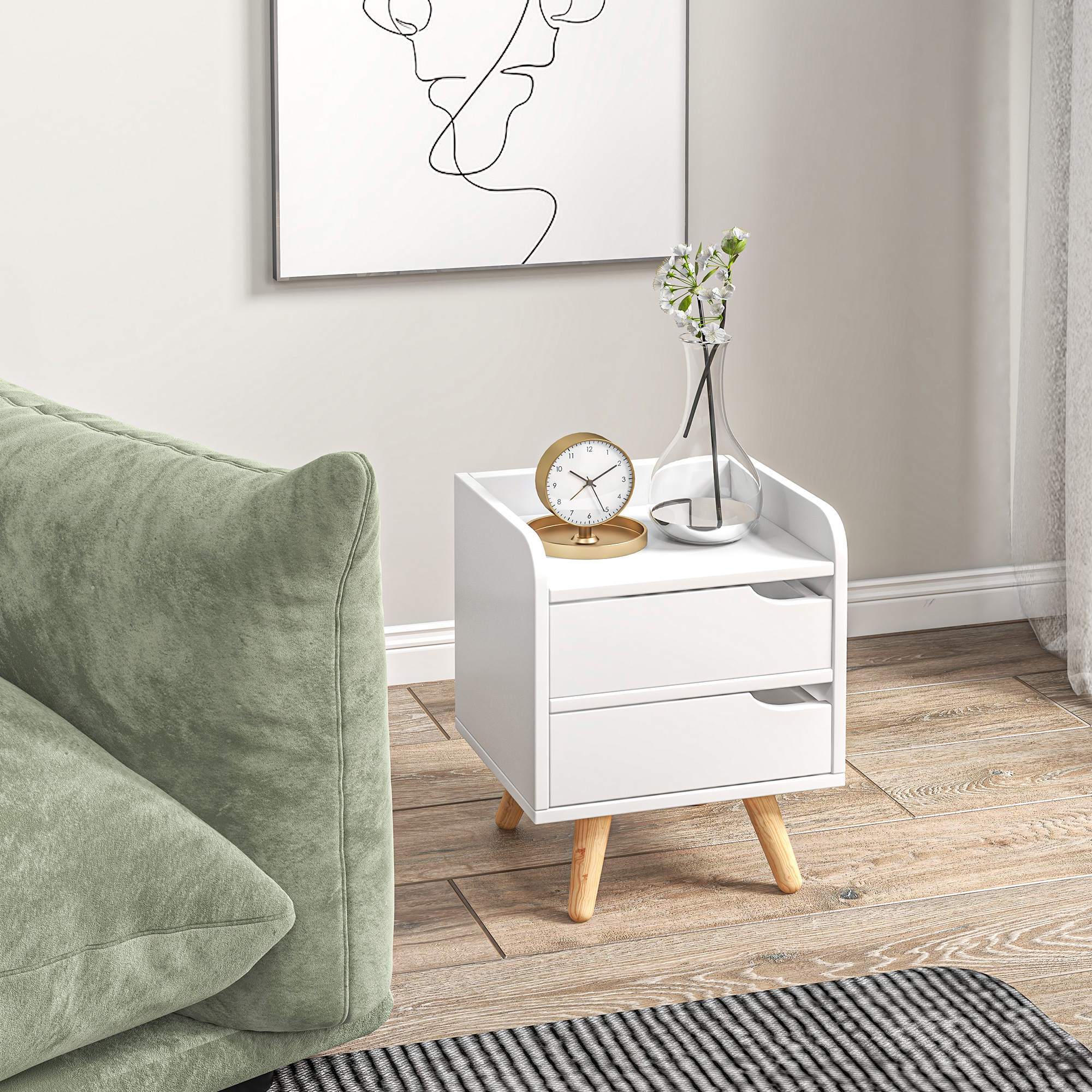 HOMCOM Nachttisch für Schlafzimmer Platzsparend, Moderner Nachttisch mit 2 Schubladen, Einfaches Design, Weiße Spanplatte, Beine aus Kiefernholz, 33 x 28 x 42cm, Weiß