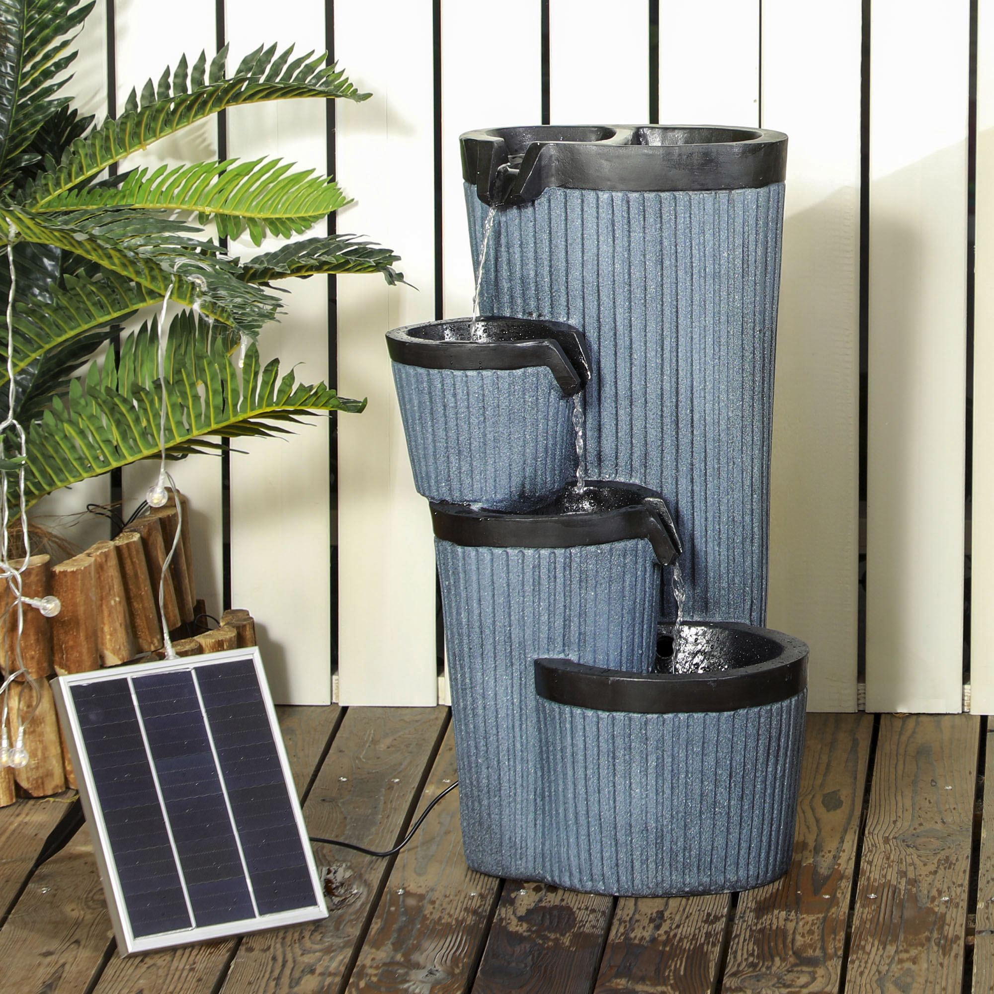 Outsunny Gartenbrunnen, Holzfassoptik, 4-stufig, Solarbetrieb, LEDs, 57cm, Kunstharz, Grau/Schwarz