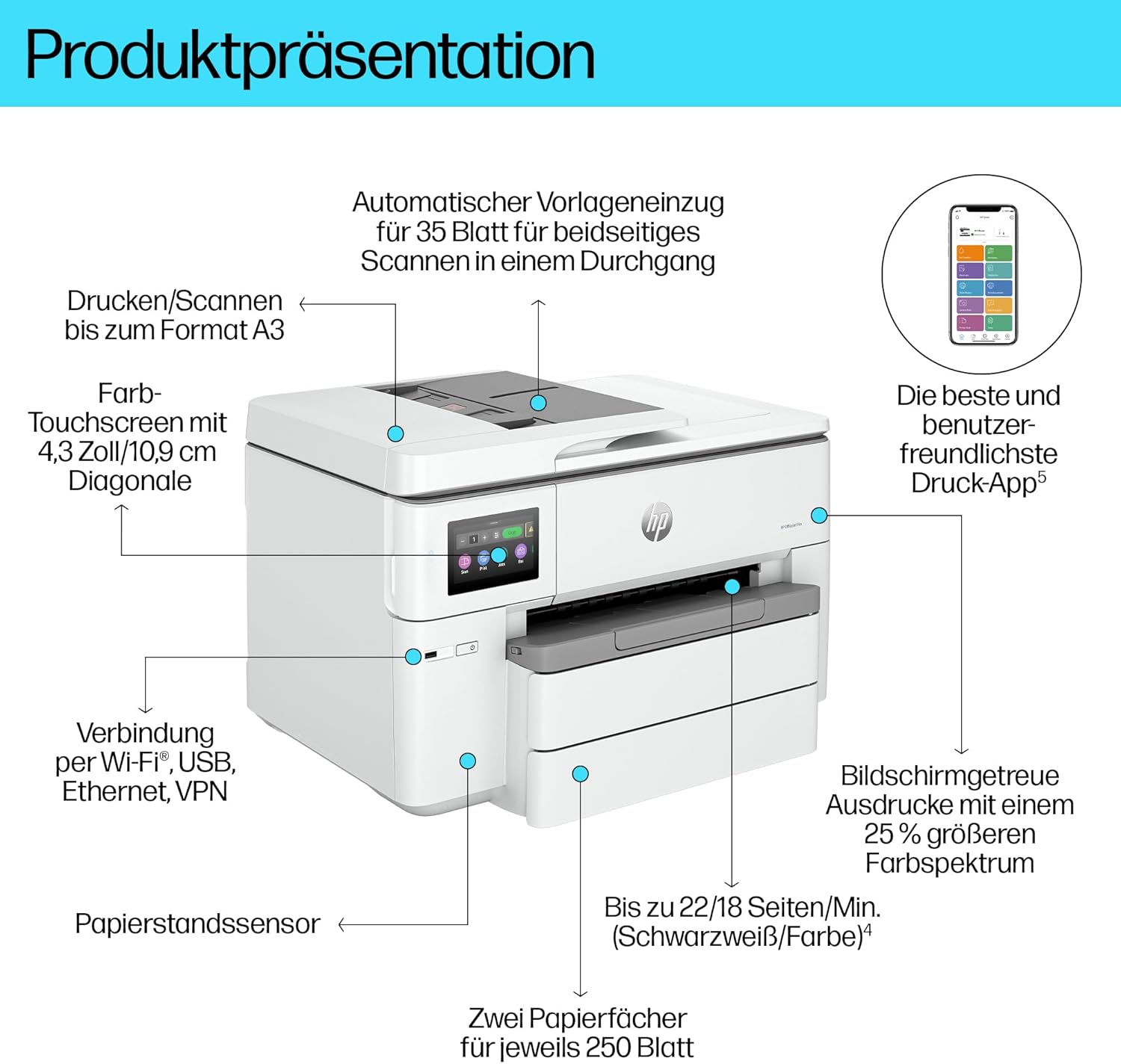 HP OfficeJet Pro 9720e A3-Multifunktionsdrucker, Drucken bis A3, 3 Monate gratis drucken mit HP Instant Ink inklusive, HP+, Drucker, Scanner, Kopierer, Fax, WLAN, LAN, Duplex, Airprint, Grau-Weiß