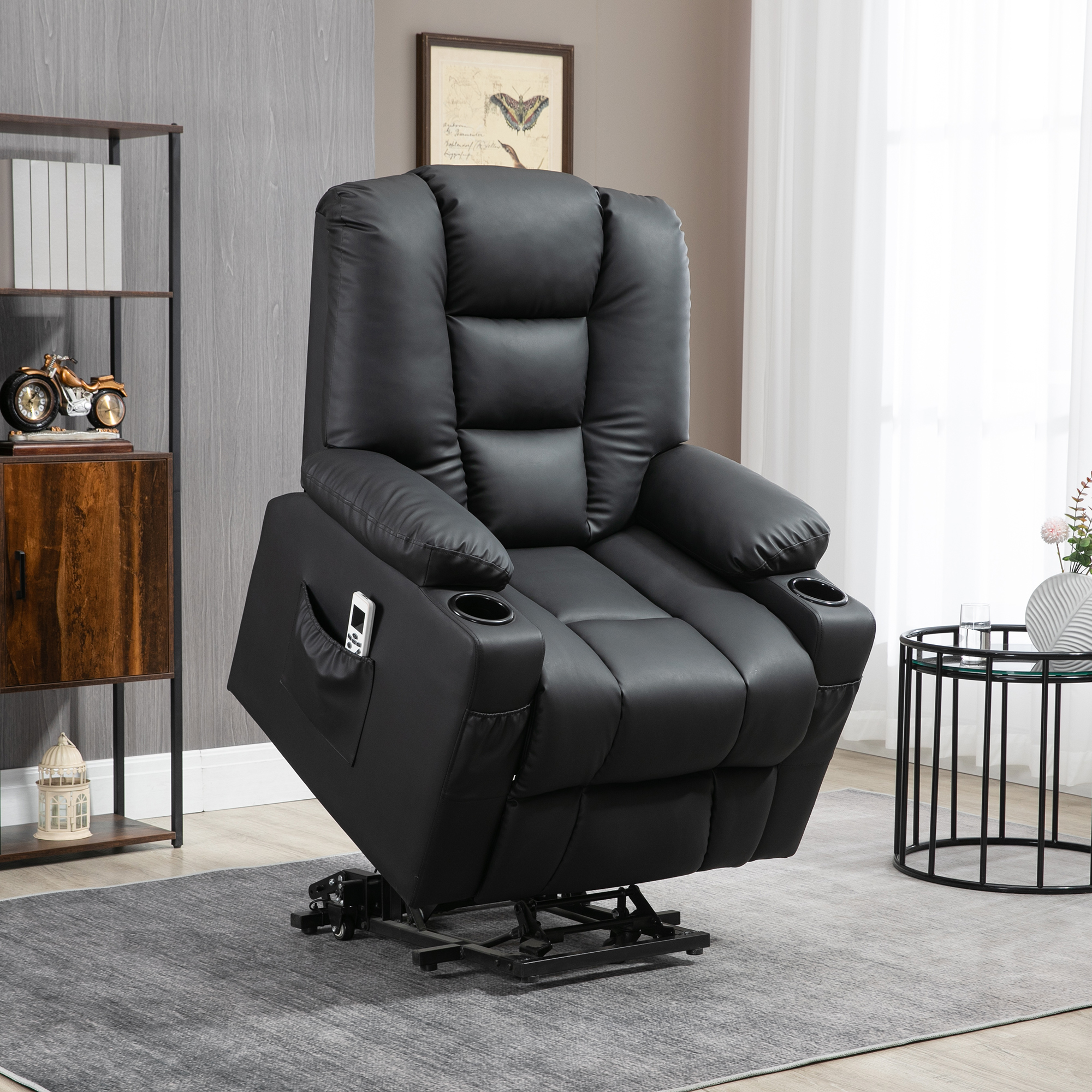 HOMCOM Relaxsessel mit Aufstehhilfe, USB, Massagefunktion, Kunstleder, bis 150 kg, 90x98x102 cm, Schwarz