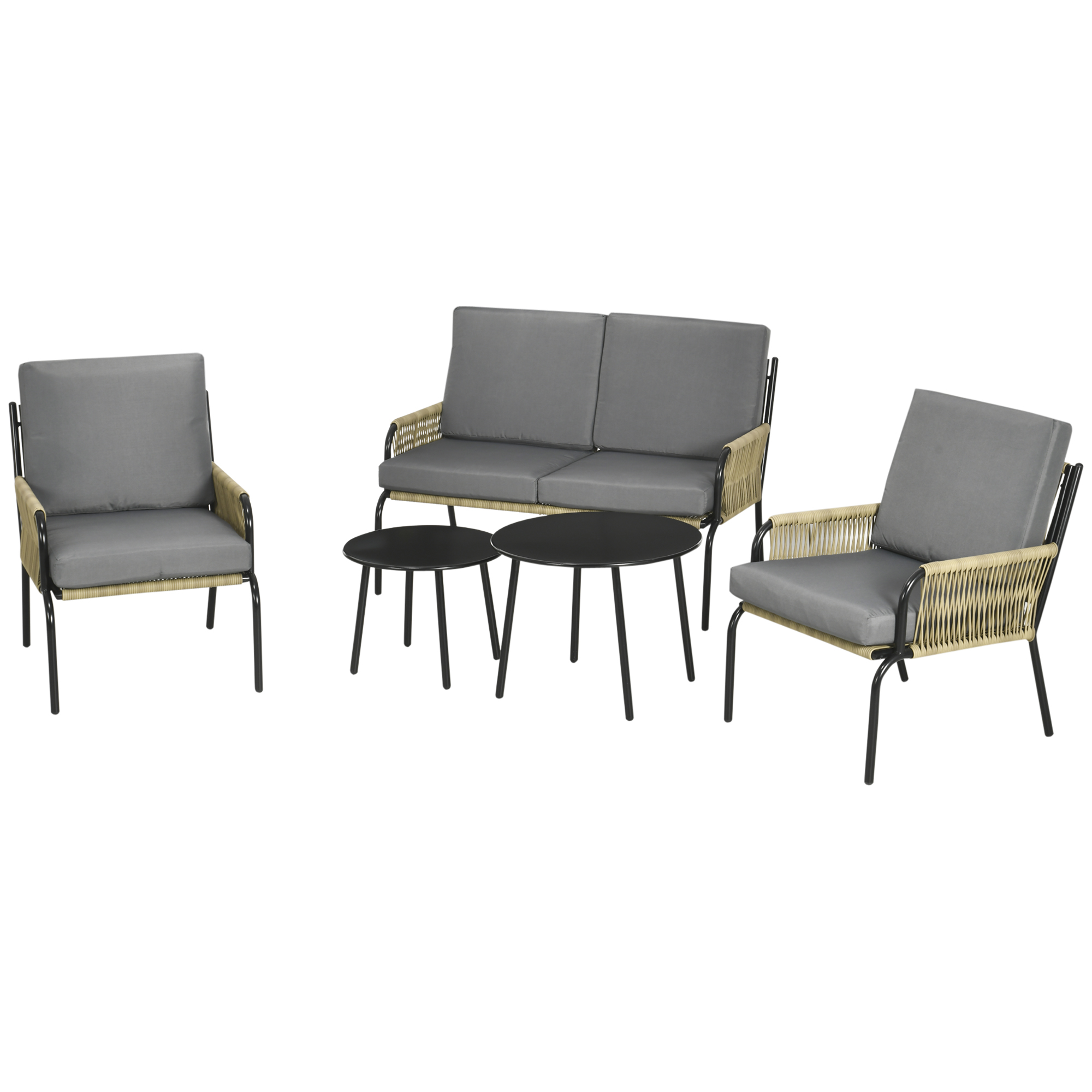 Outsunny Modulares Gartenmöbelset aus Polyrattan für 4 Personen, 5-teilig mit 1 2-Sitzer-Sofa, 2 Sesseln und 2 runden Kaffeetischen sand