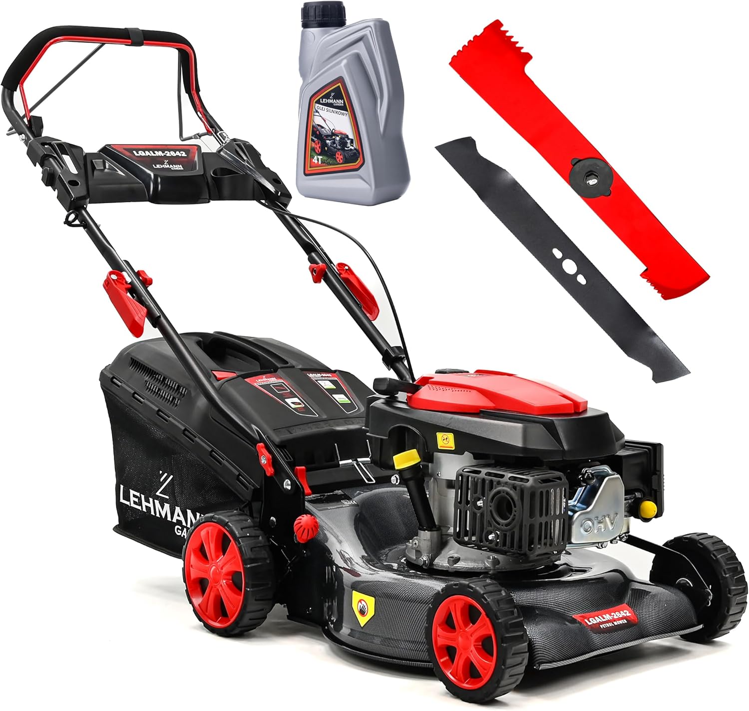 Lehmann LGALM-2642 Tosaerba a benzina con trazione posteriore, 146 cm3 2,6 kW, larghezza di taglio 42 cm, robusto alloggiamento in acciaio, regolazione in altezza di taglio a 5 livelli 25-70 mm