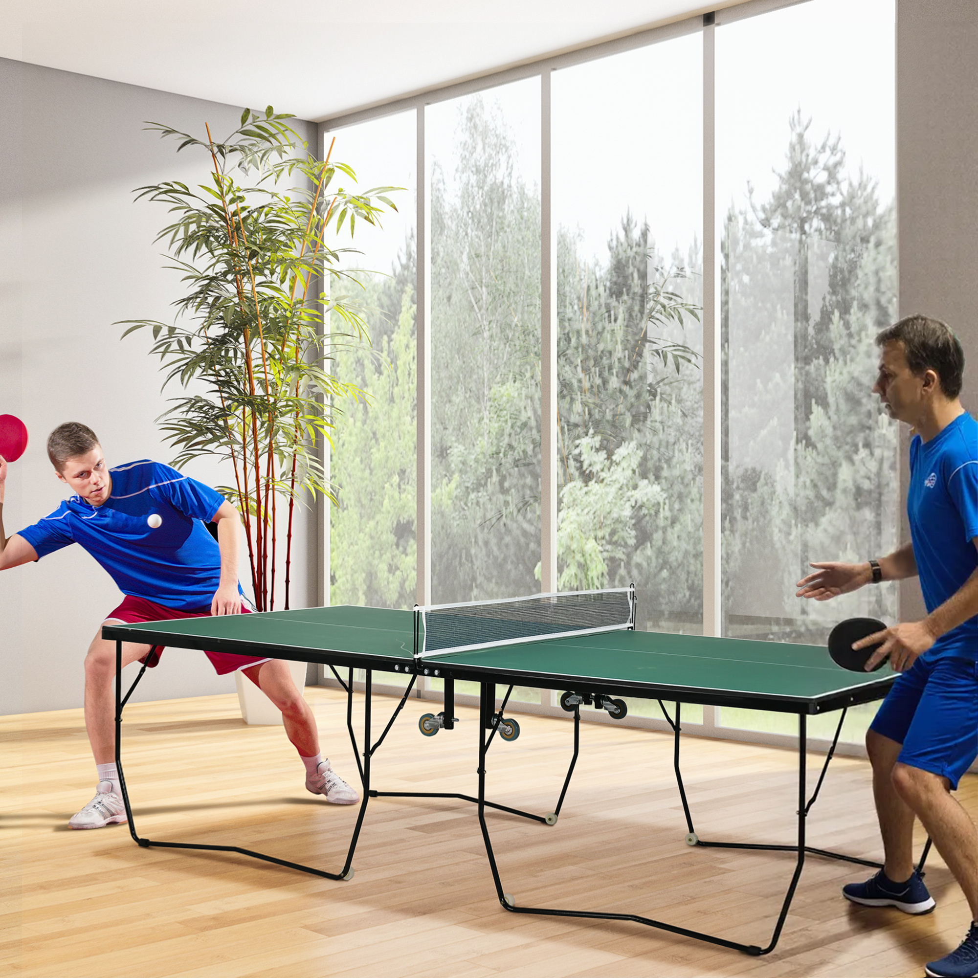SPORTNOW Tischtennisplatte Tischtennis-Set, klappbar, 8 Rollen, inkl. Schläger u. Bälle, 274 cm x 152.5 cm x 76 cm, Grün
