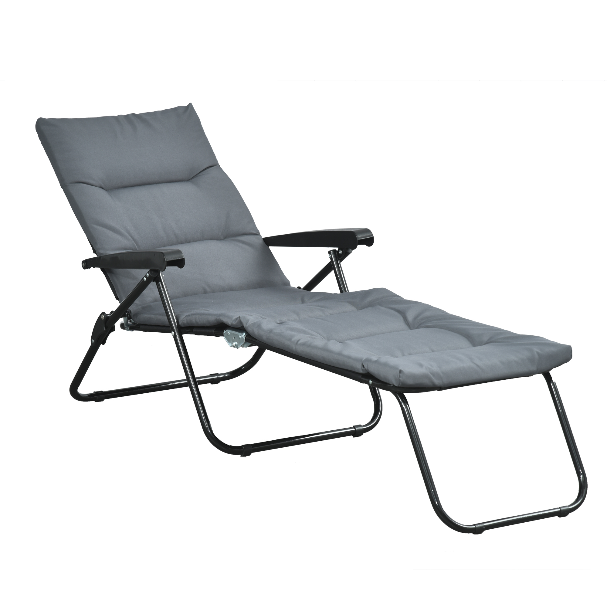 Outsunny Klappbare Sonnenliege mit 6-fach verstellbarer Rückenlehne, hoher Komfort mit Matratze + Armlehnen aus Stahl und Polyester in Grau