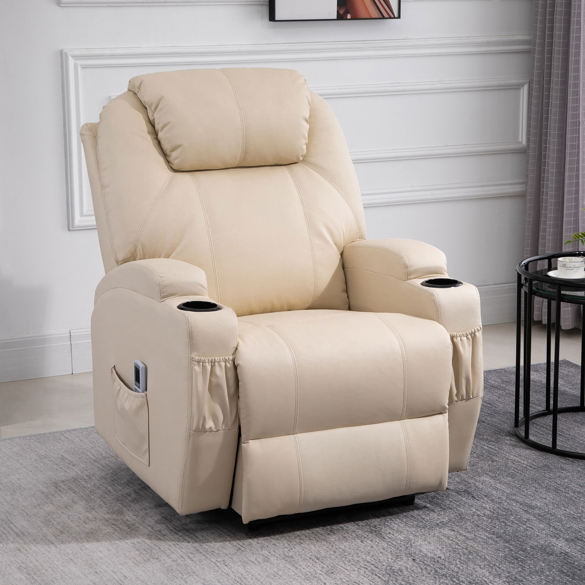 HOMCOM Massagesessel Elektrisch Relaxsessel Fernsehsessel Massagefunktion Liegefunktion TV-Sessel mit 2 Seitentaschen und Getränkehalter Kunstleder Beige 82 x 97 x 110 cm