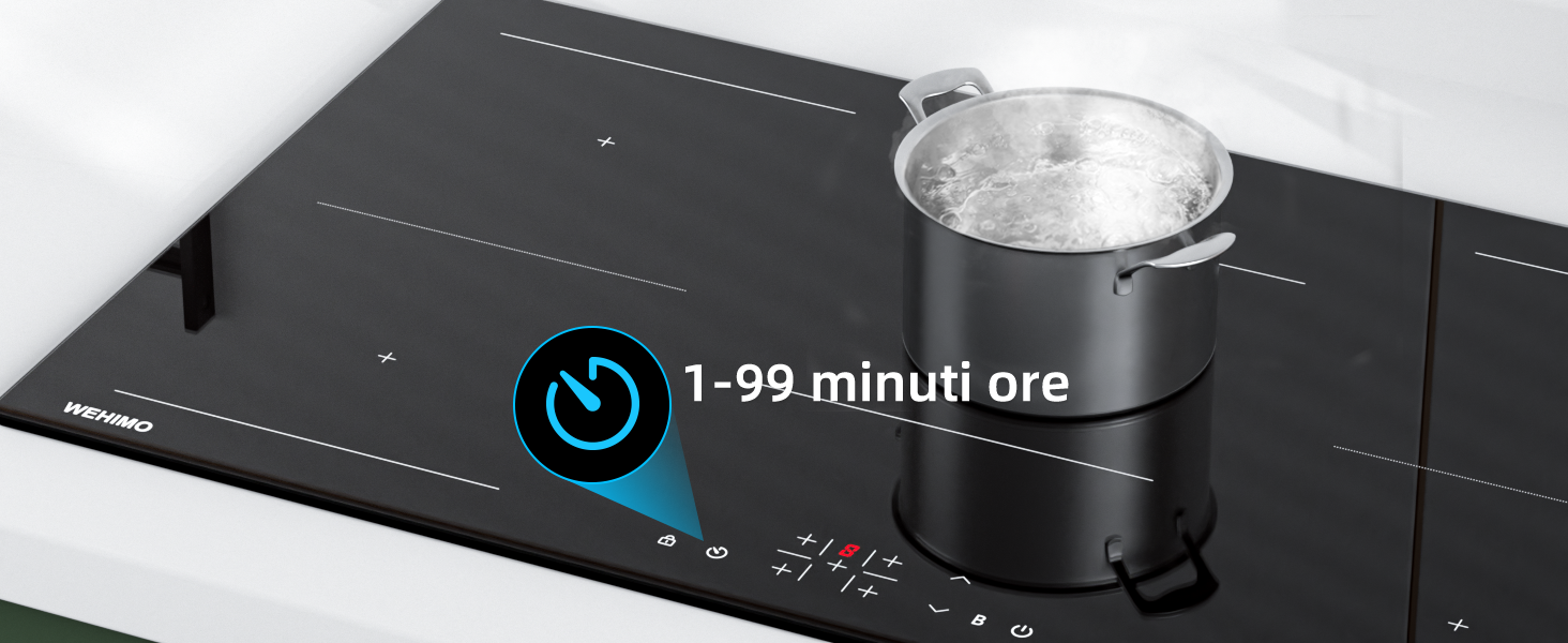 Superficie nera del piano cottura a induzione con interfaccia timer digitale che mostra '1-99 minuti ore' con una pentola di metallo