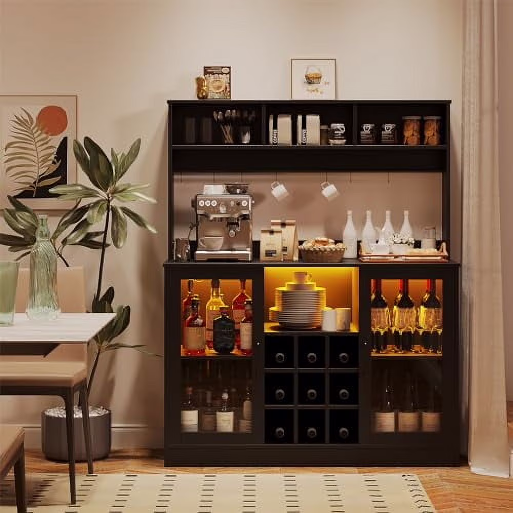 Juiluna Coffee Bar Cabinet Wine Bar Cabinet with Power Outlet, 6 Hooks,9 Wink Racks and Adjustable Shelf, Liquor Cabinet Bar with LED Light, Buffet Sideboard with Storage Shelf for Kitchen, Black