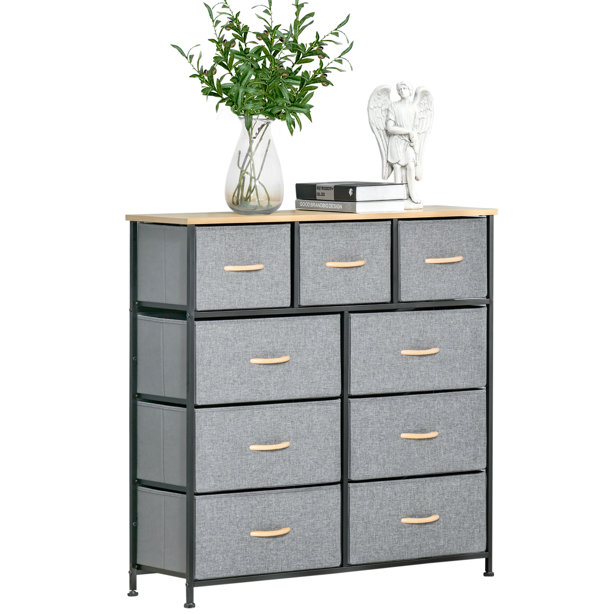HOMCOM Kommode 9 Schubladen Stoffaufbewahrungsschrank klappbare Schublade - schwarzes Stahlgestell - 100 x 30 x 100 cm, Eiche und Grau