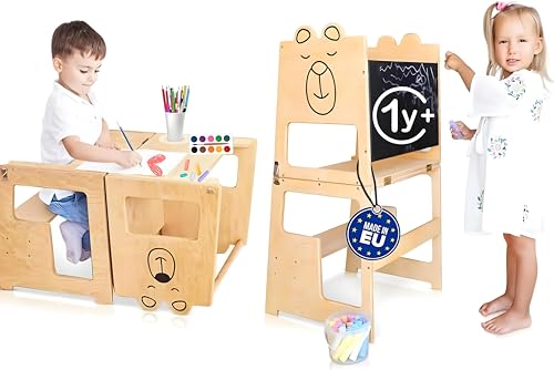 Kauza 3 in 1 Torre Montessoriana Trasformabile in Legno Naturale, Sgabello da Cucina e Bagno per Bambini con Lavagna, Torretta di Apprendimento Pieghevole con Tavolo e Sedia, Sicura da 1 Anno : Casa e cucina